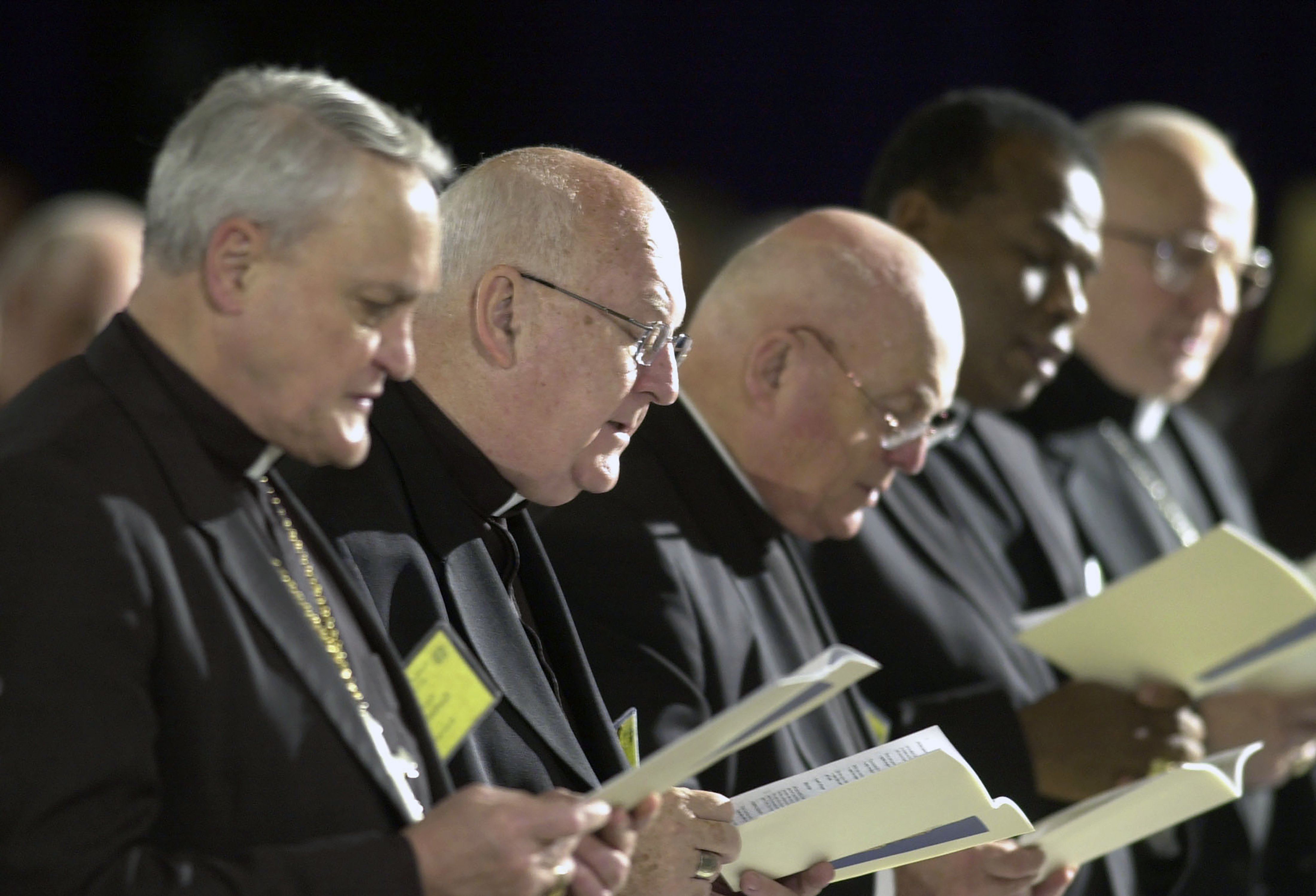 FILE - Bishops sing a hymn during the opening of Friday morning session at the U.S. Conference of Catholic Bishops' meeting in Dallas, June 14. 2002. (AP Photo/Charlie Riedel, file)