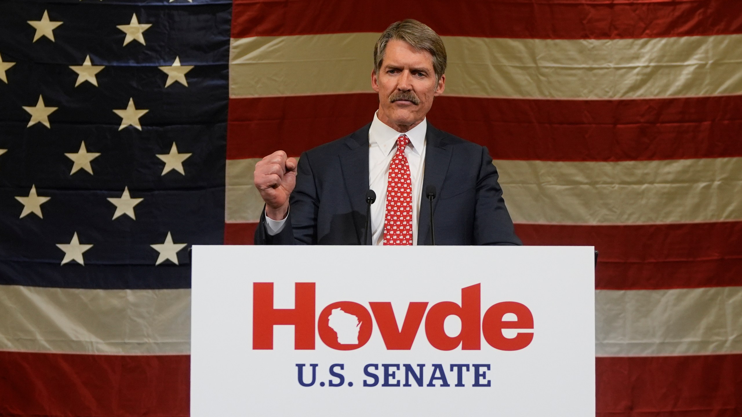 Republican Senate candidate Eric Hovde speaks at his election night party Wednesday, Nov. 6, 2024, in Madison, Wis. (AP Photo/Morry Gash)