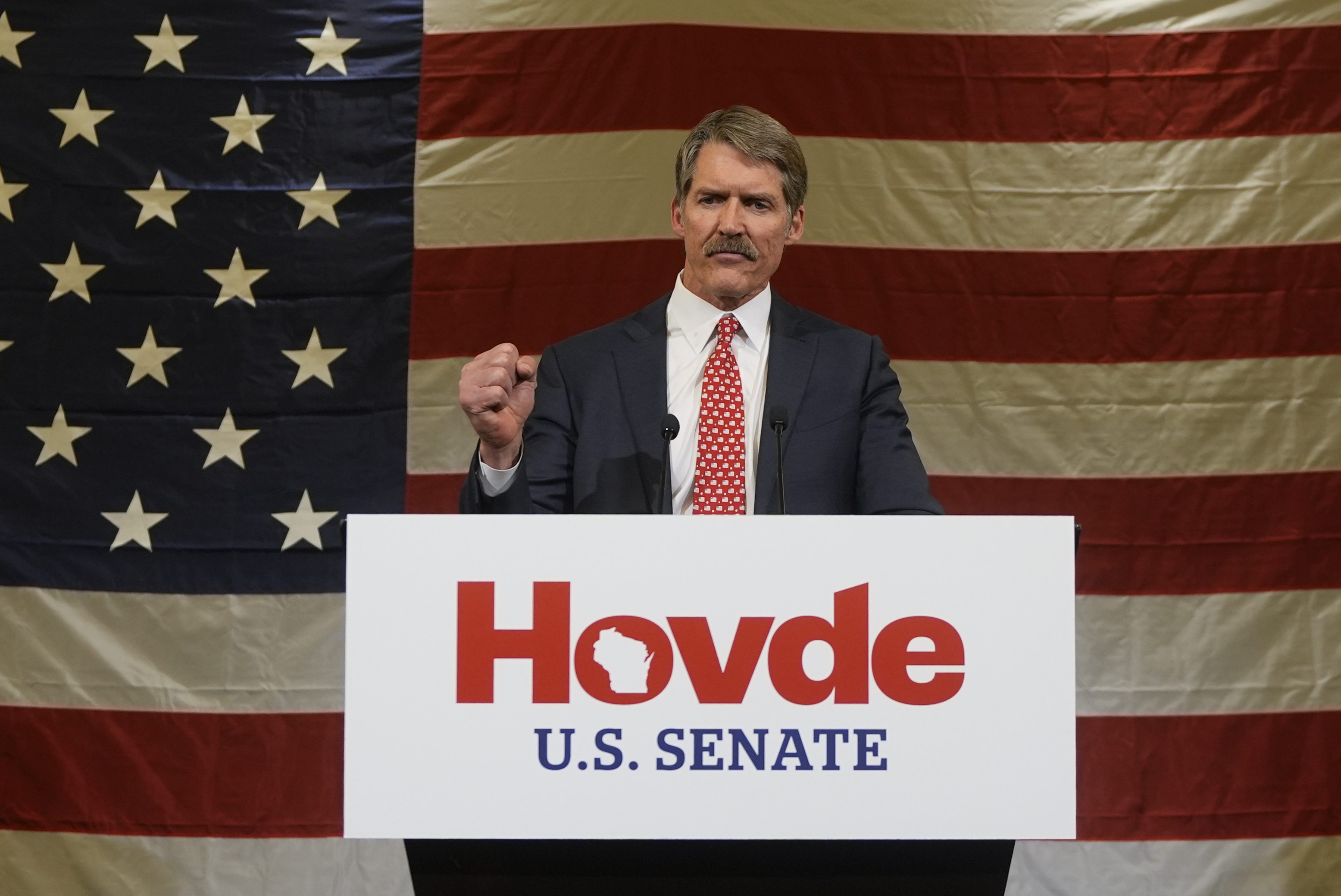 Republican Senate candidate Eric Hovde speaks at his election night party Wednesday, Nov. 6, 2024, in Madison, Wis. (AP Photo/Morry Gash)