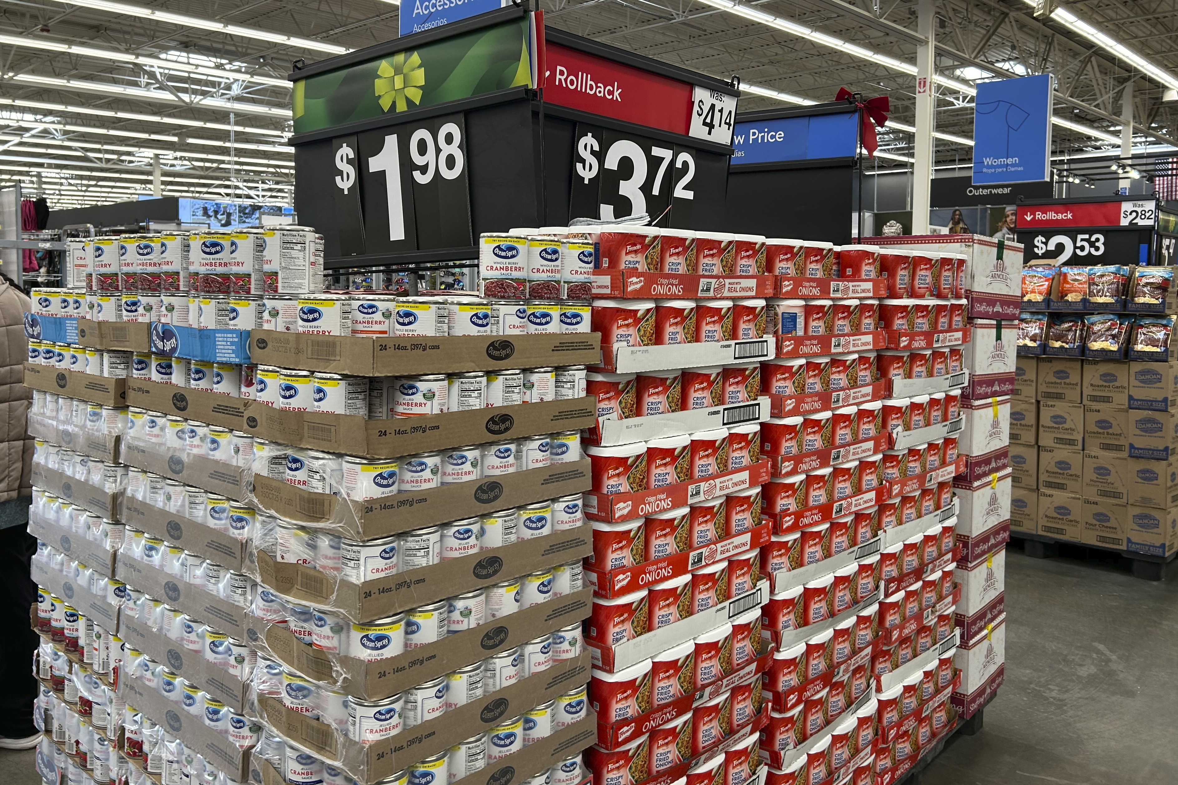 Items to include in holiday dinners are displayed at a Walmart store in Secaucus, N.J., on Wednesday, Nov. 13, 2024. (AP Photo/Anne D'Innocenzio)