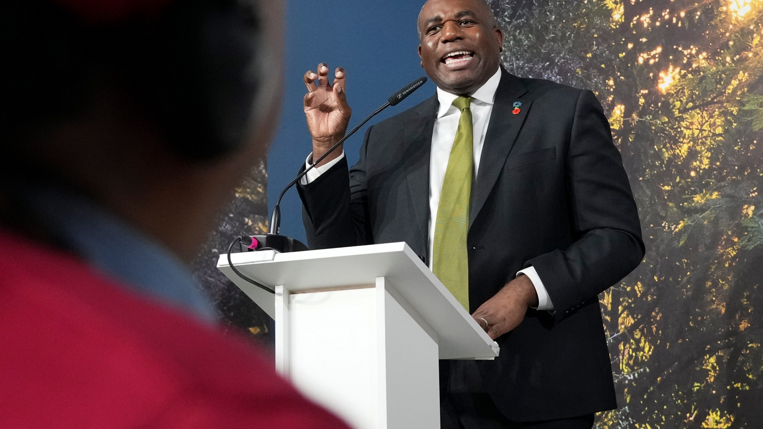 Britain's Foreign Secretary David Lammy speaks at a panel on funding for Indigenous Peoples at the COP29 U.N. Climate Summit, Tuesday, Nov. 12, 2024, in Baku, Azerbaijan. (AP Photo/Sergei Grits)