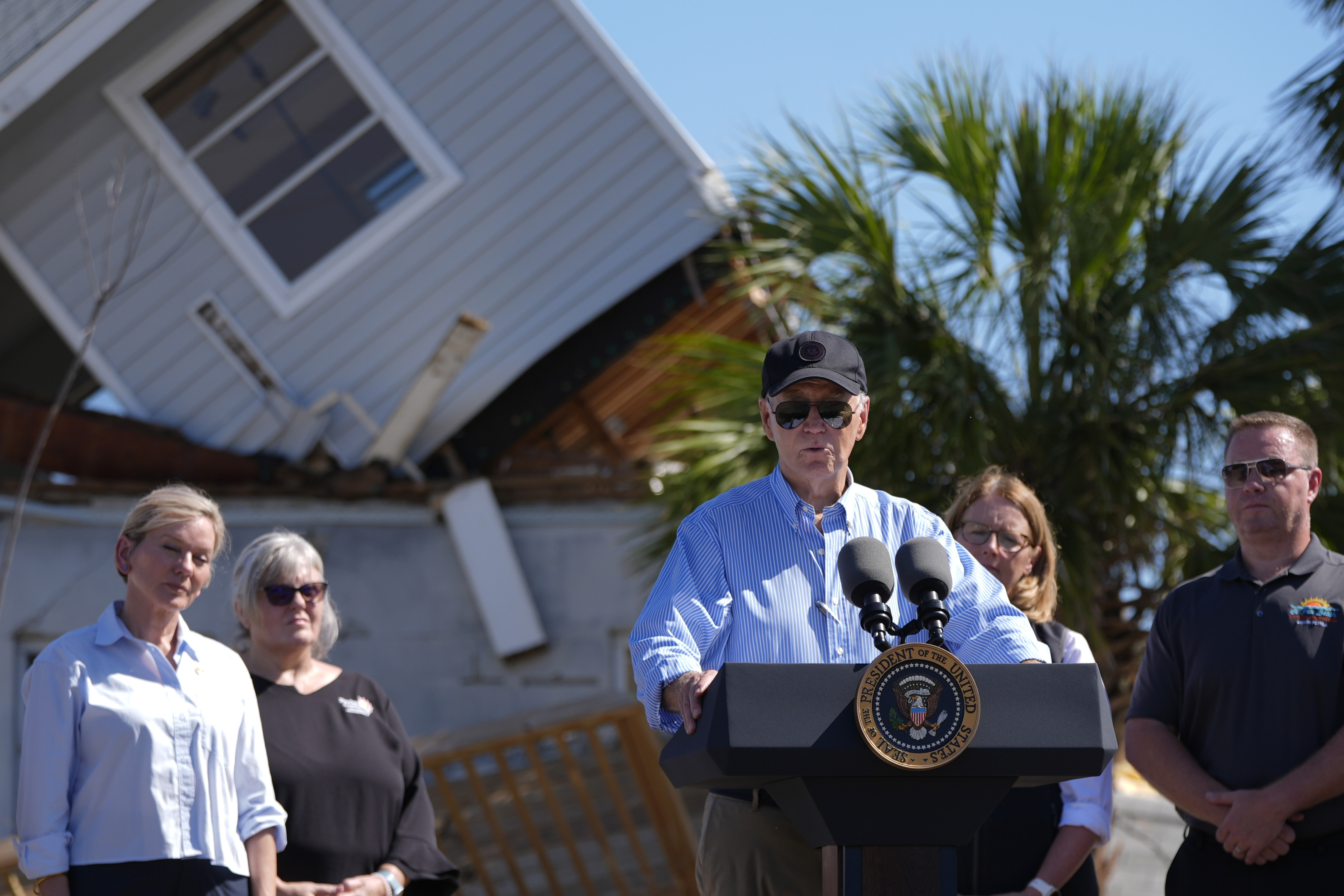 FILE - President Joe Biden speaks following a briefing by federal, state, and local officials in St. Pete Beach, Fla., during a tour of areas affected by Hurricane Milton, Oct. 13, 2024. (AP Photo/Manuel Balce Ceneta, File)