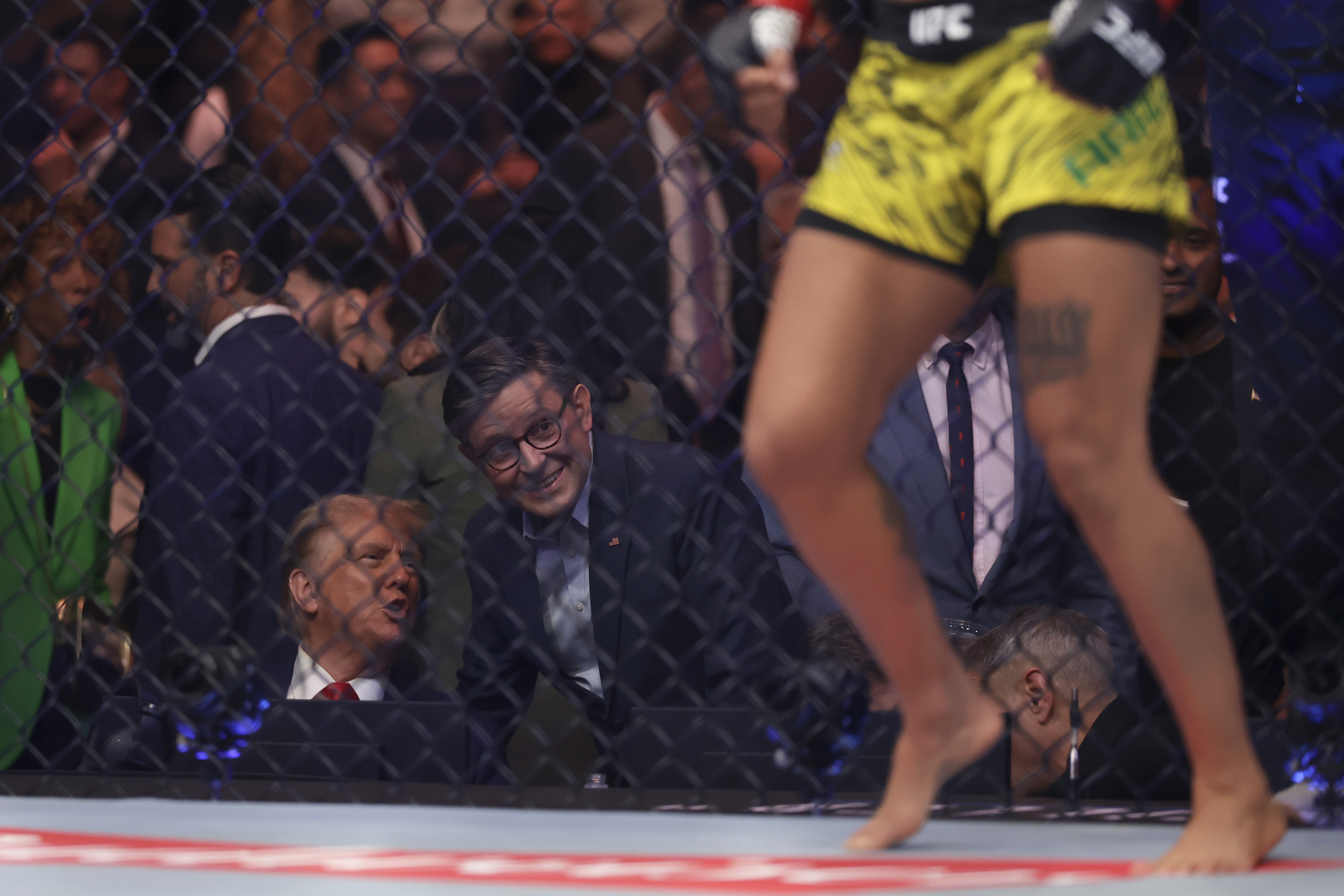 President-elect Donald Trump talks to House Speaker Mike Johnson, R-La., at a UFC 309 mixed martial arts flyweight title bout, Saturday, Nov. 16, 2024, in New York. (AP Photo/Adam Hunger)