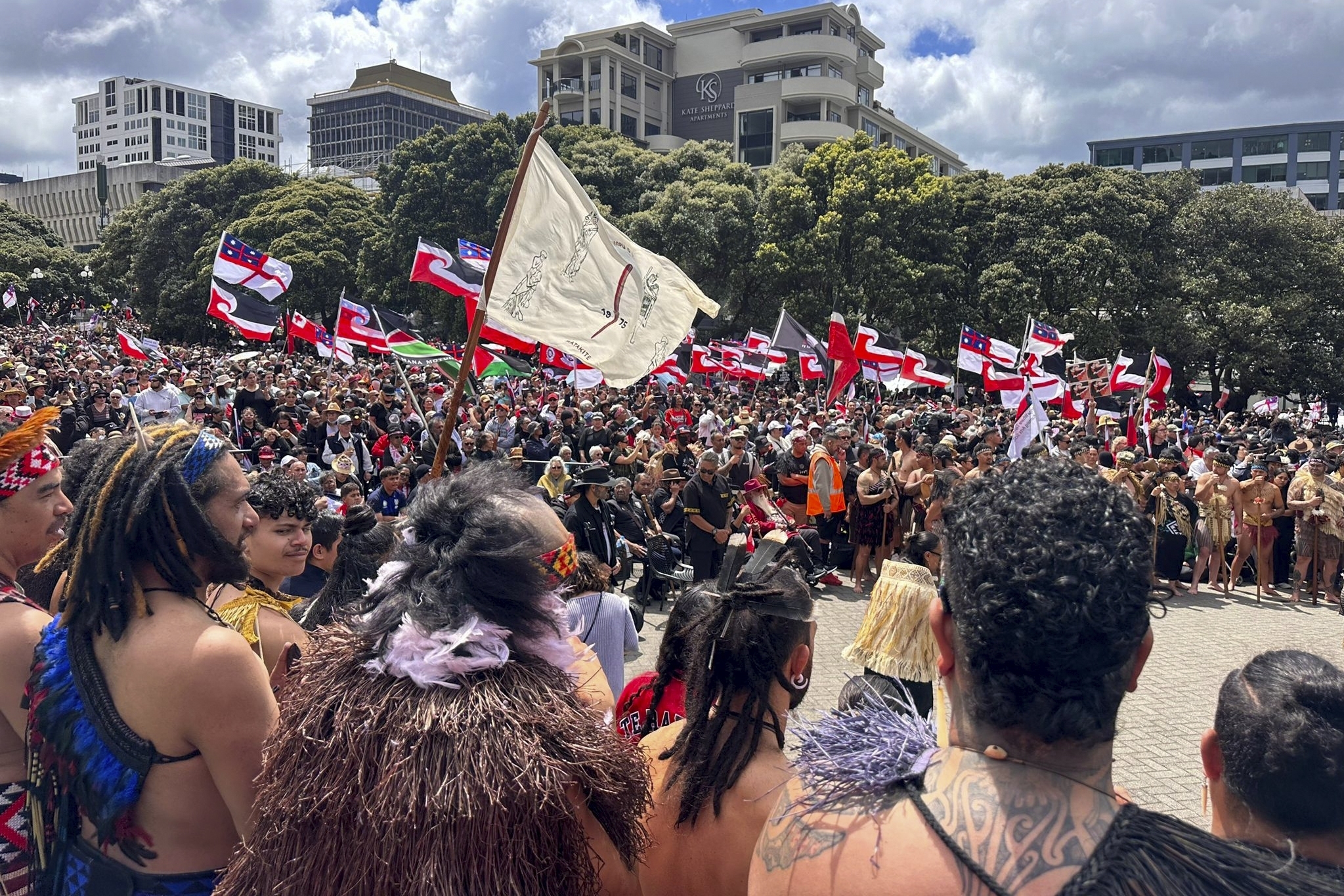 Indigenous Māori gather outside Parliament in Wellington, New Zealand, Tuesday, Nov. 19, 2024. (AP Photo/Mark Tantrum)