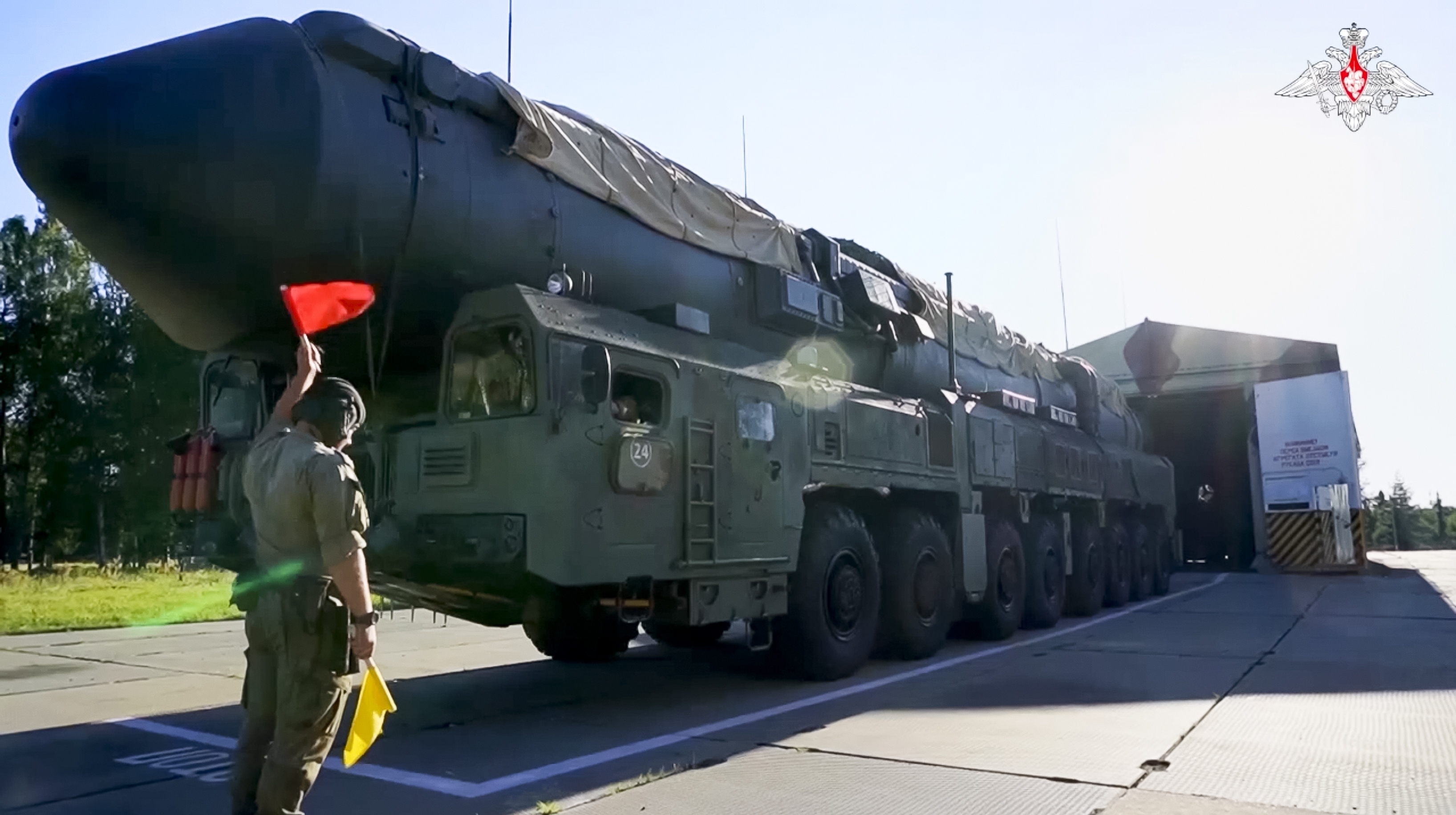 FILE - In this photo taken from video released by Russian Defense Ministry Press Service on Tuesday, Sept. 17, 2024, Russian RS-24 Yars strategic ballistic missiles launcher moves out a hangar during a drills in Ivanovo region, Russia. (Russian Defense Ministry Press Service photo via AP, File)