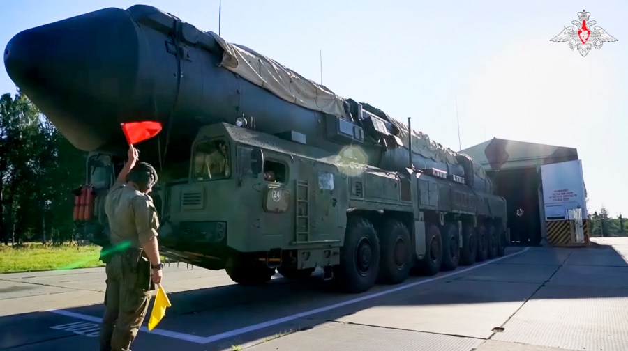 FILE - In this photo taken from video released by Russian Defense Ministry Press Service on Tuesday, Sept. 17, 2024, Russian RS-24 Yars strategic ballistic missiles launcher moves out a hangar during a drills in Ivanovo region, Russia. (Russian Defense Ministry Press Service photo via AP, File)