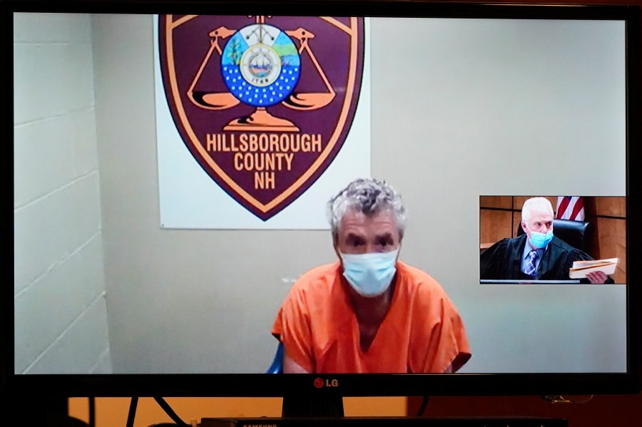 FILE - Bradley Asbury is arraigned via video as Judge William Lyons presides, at right, at Manchester, N.H., April 8, 2021. (AP Photo/Elise Amendola, Pool, File)