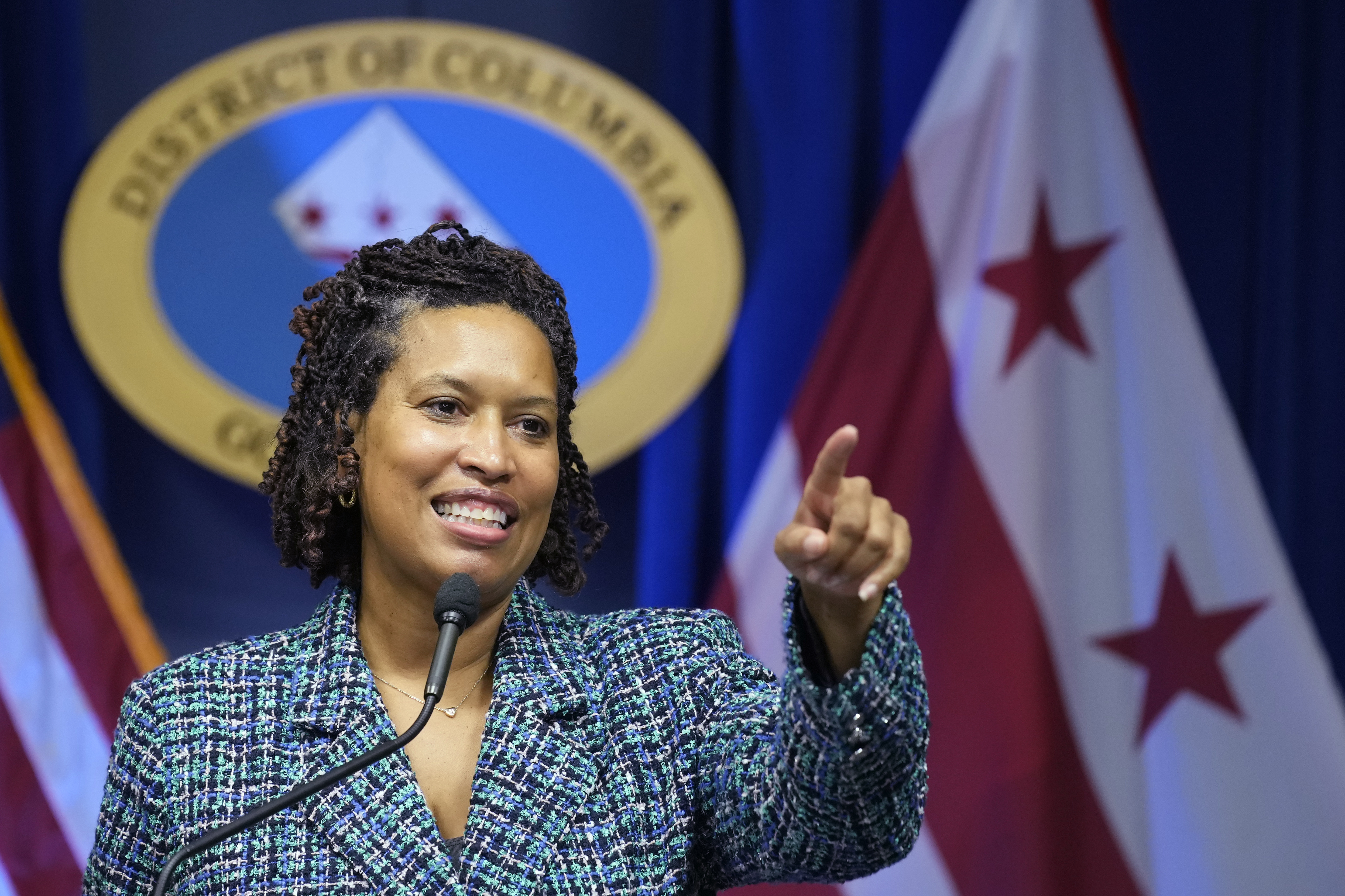 FILE - District of Columbia Mayor Muriel Bowser takes questions during a news conference in Washington, Dec. 13, 2023. (AP Photo/Susan Walsh, File)