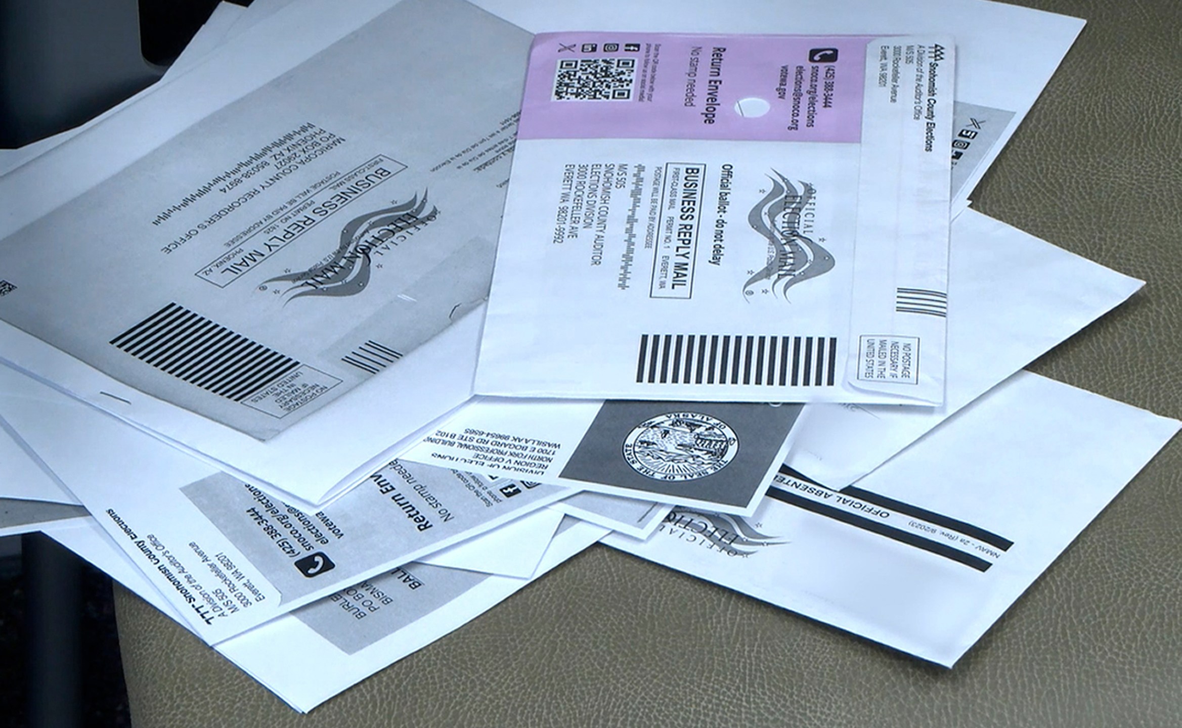 Out-of-state ballots that the U.S. Postal Service delivered to the Cascade County elections office in Great Falls, Mont., are seen on Nov. 7, 2024 (Joee Taylor/NonStop Local)