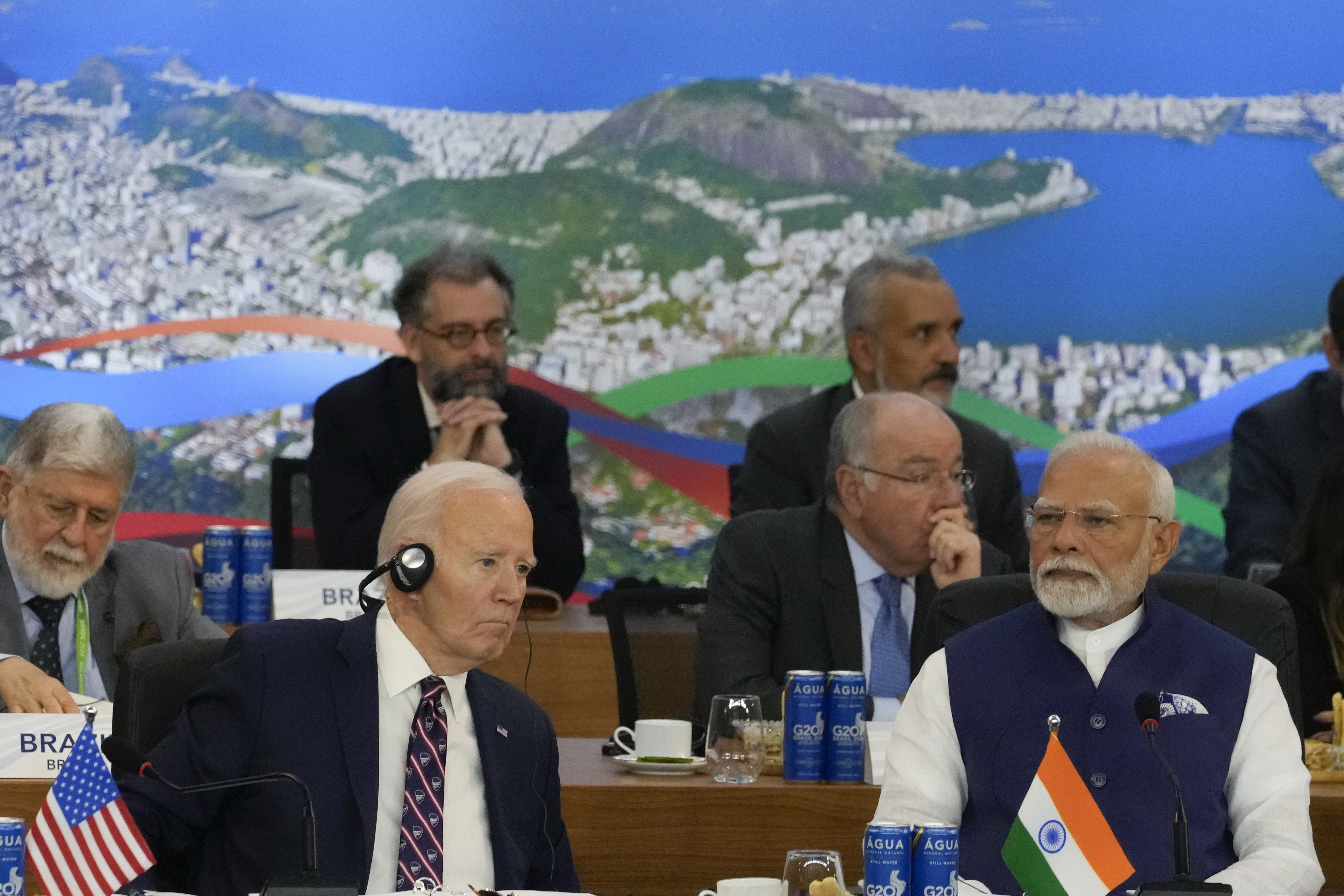 U.S. President Joe Biden, left, and India's Prime Minister Narendra Modi attend the G20 Summit leaders meeting in Rio de Janeiro, Tuesday, Nov. 19, 2024. (AP Photo/Eraldo Peres)