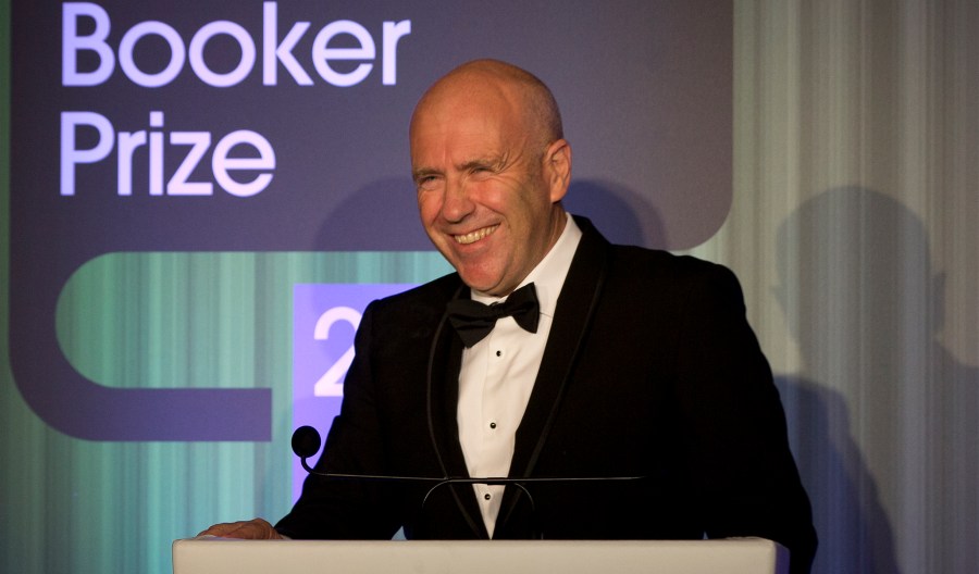 FILE - Winner of the Man Booker for fiction 2014 Australian author Richard Flanagan, author of 'The Narrow Road to the Deep North', speaks after winning the prize at the Guildhall in London, Oct. 14, 2014. (AP Photo/Alastair Grant, Pool, File)