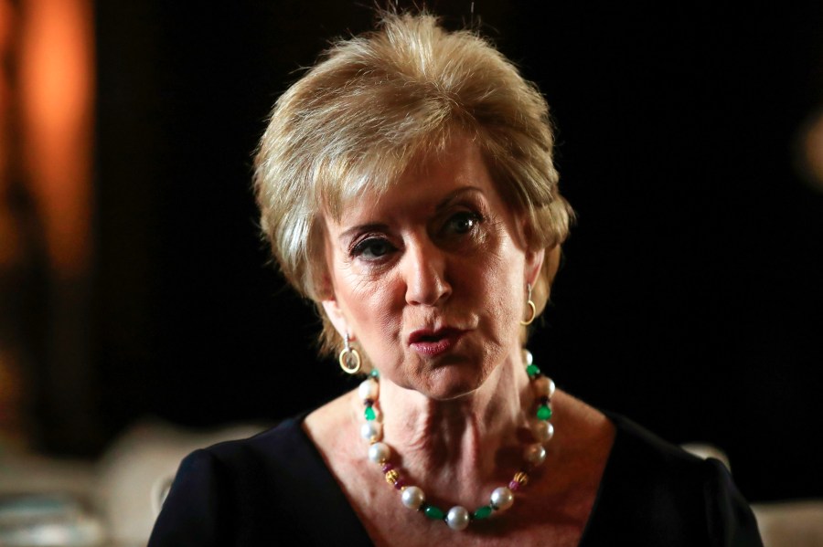 FILE - Small Business Administration Administrator Linda McMahon speaks during a news conference with President Donald Trump in Trump's Mar-a-Lago estate in Palm Beach, Fla., March 29, 2019. (AP Photo/Manuel Balce Ceneta, File)