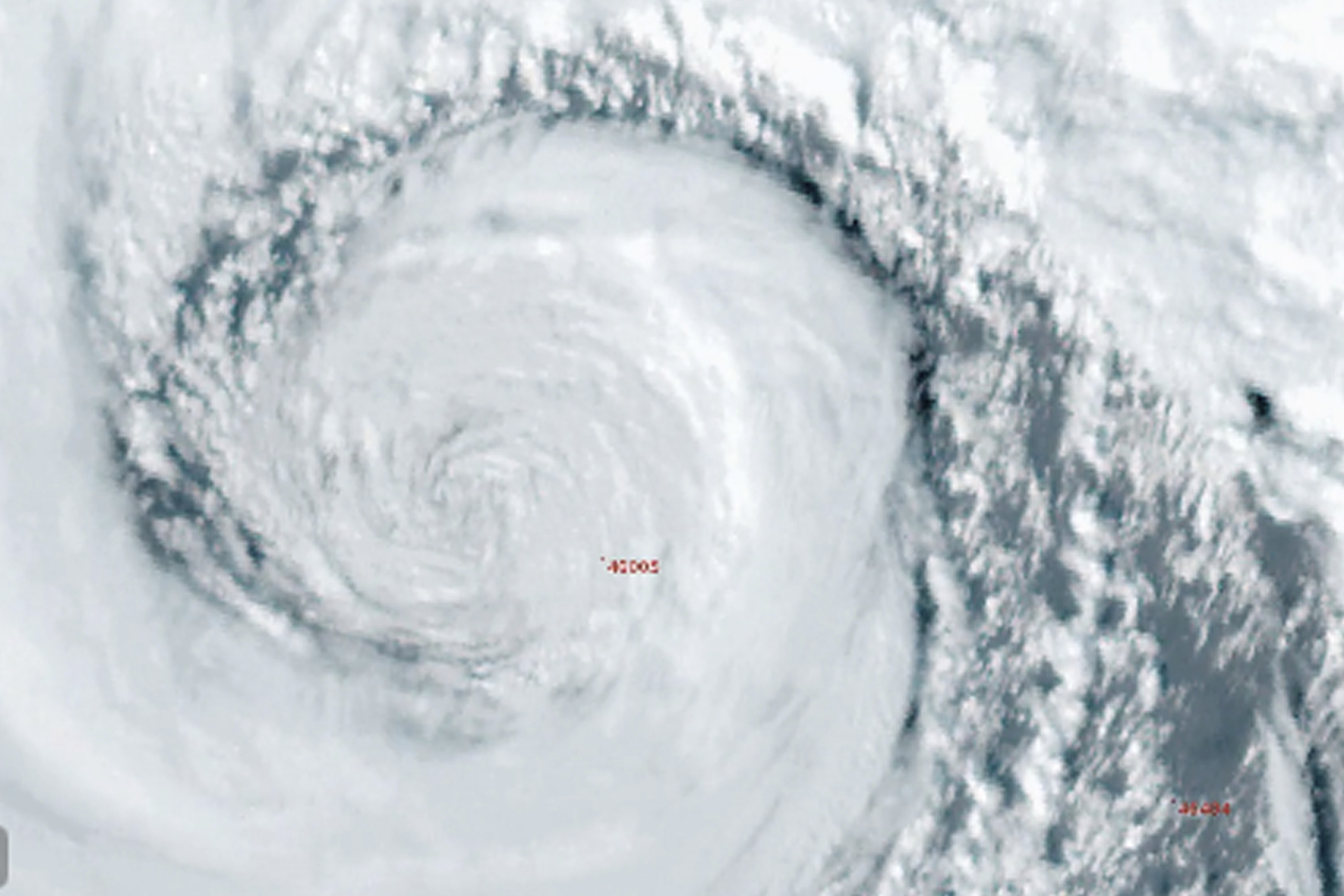 In this image made from video provided by National Weather Service Portland a powerful storm also called a 'bomb cyclone' rotates off the U.S. West Coast on Tuesday, Nov. 19, 2024. (National Weather Service Portland via AP)