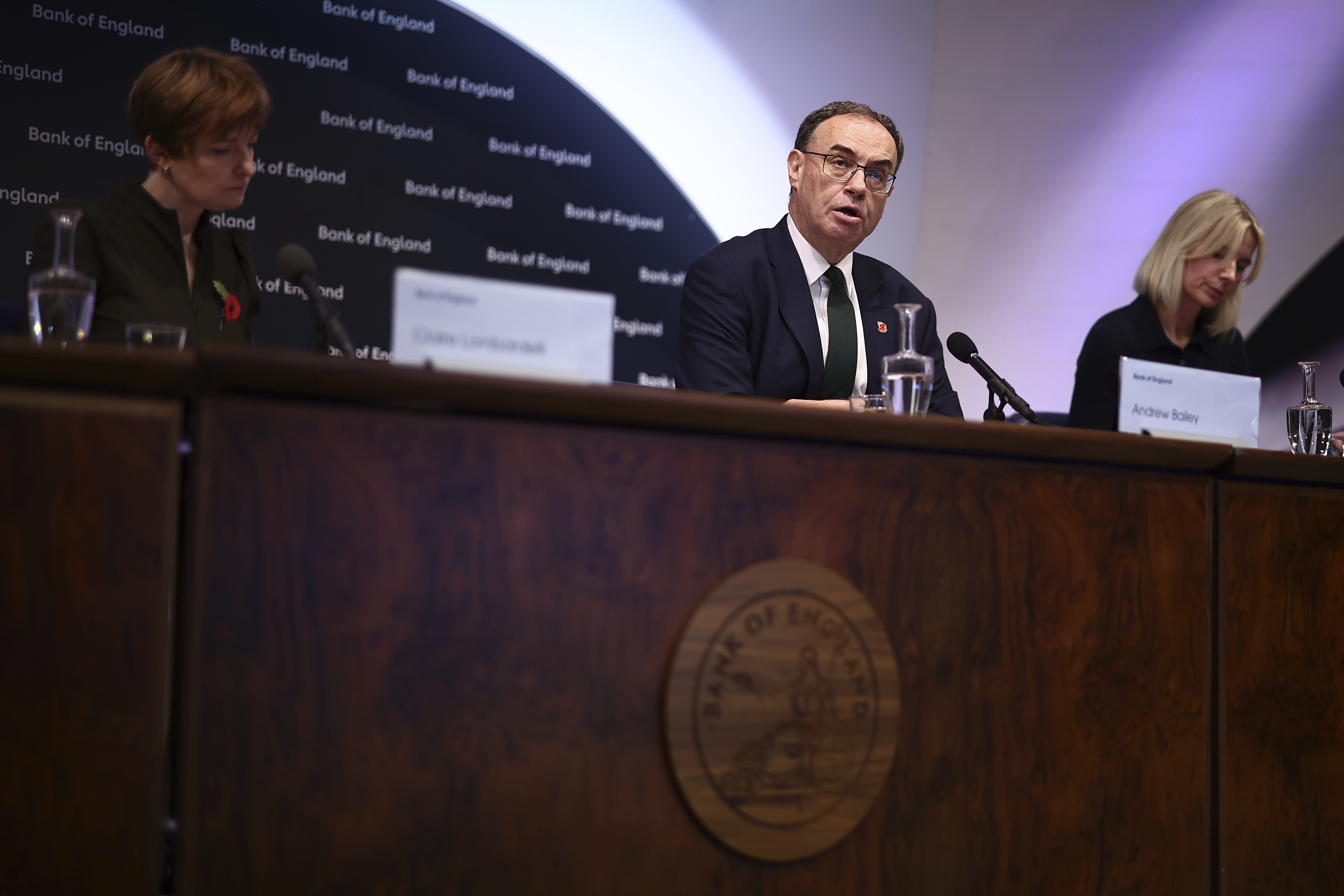 Bank of England Governor Andrew Bailey speaks during the central bank's Monetary Policy Report press conference at the Bank of England, in London, Thursday, Nov. 7, 2024. (Henry Nicholls/Pool Photo via AP)