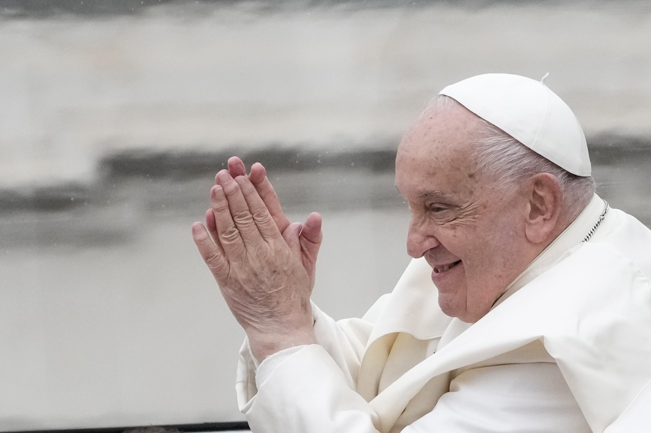 Pope Francis waves as he leaves after his weekly general audience in St. Peter's Square at The Vatican, Wednesday, Nov.20, 2024. (AP Photo/Gregorio Borgia)