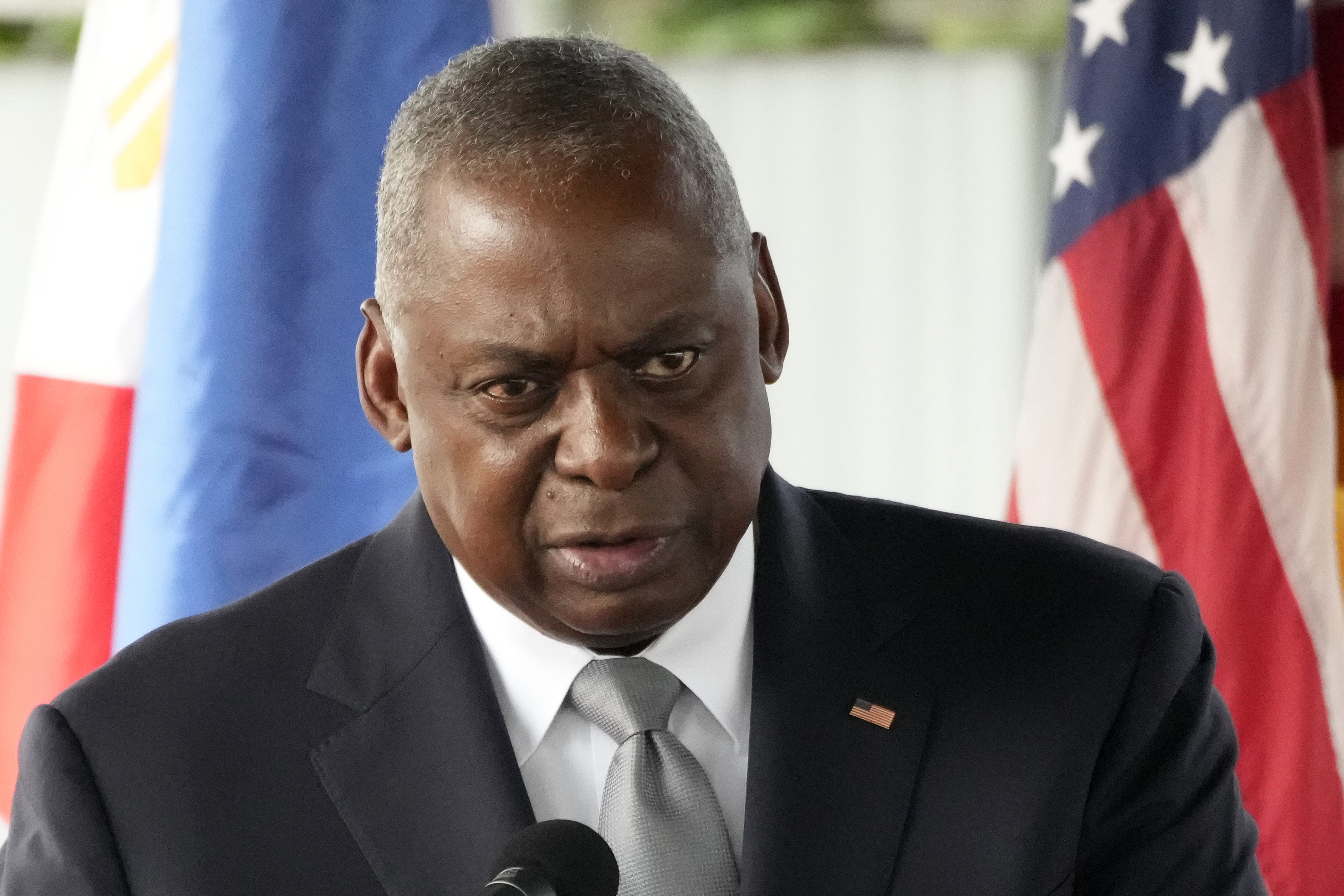 U.S. Defense Secretary Lloyd Austin delivers a speech during a groundbreaking ceremony for the Combined Coordination Center at Camp Aguinaldo military headquarters in Quezon City, Philippines Monday, Nov. 18, 2024. (AP Photo/Aaron Favila)