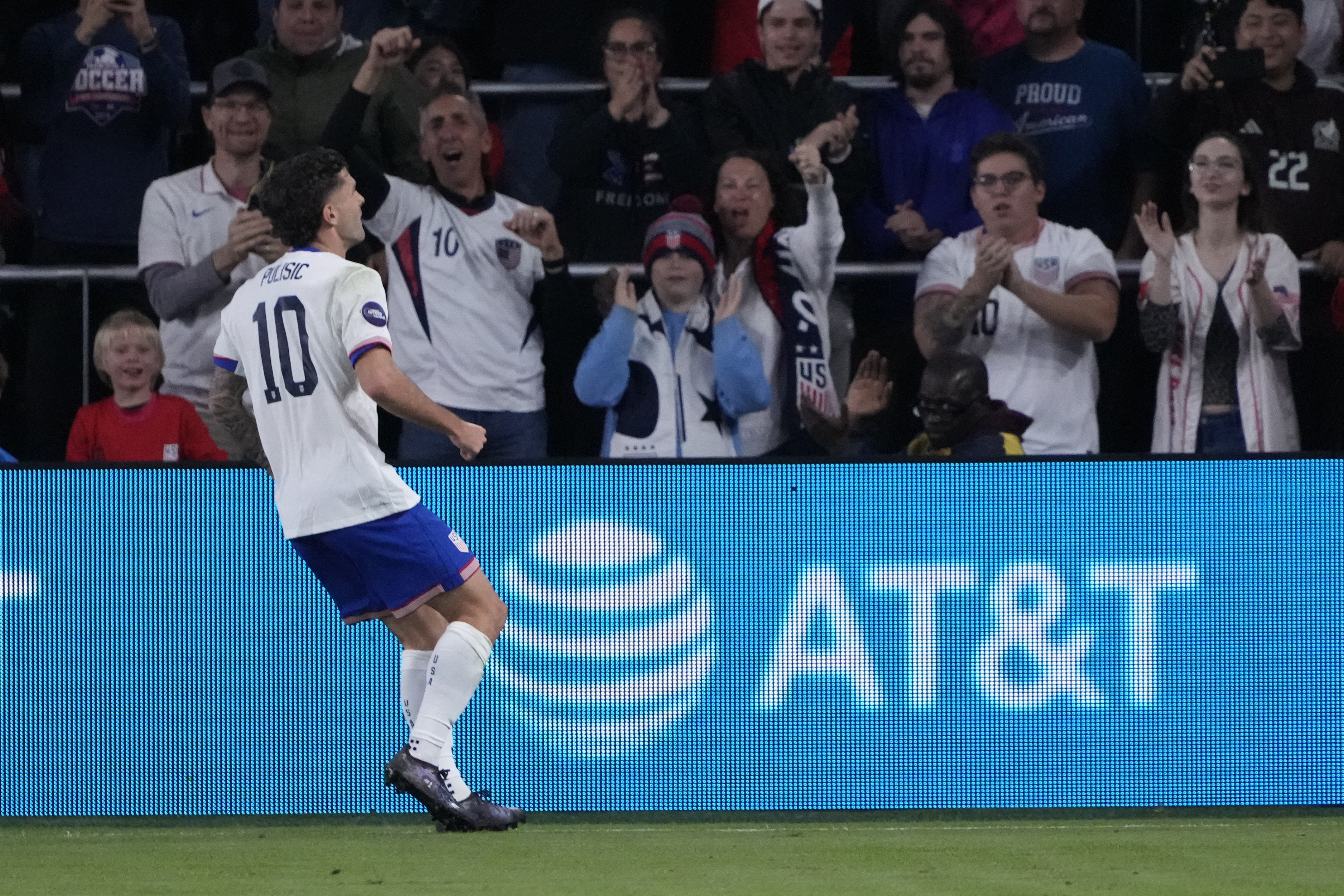 United States' Christian Pulisic (10) celebrates after scoring during the first half in a CONCACAF Nations League quarterfinal second leg soccer match against Jamaica Monday, Nov. 18, 2024, in St. Louis. (AP Photo/Jeff Roberson)