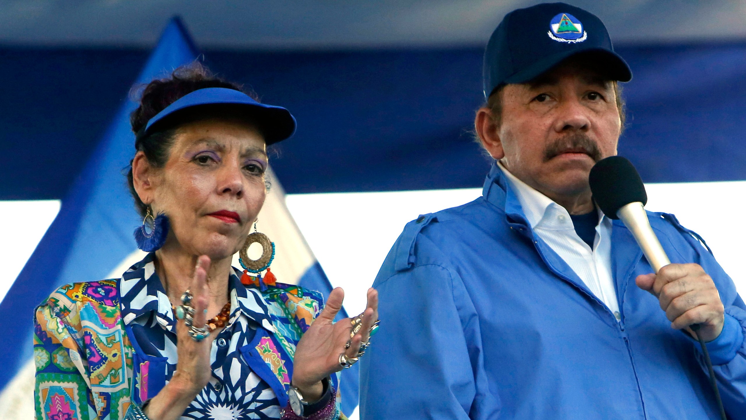 FILE - In this Sept. 5, 2018 file photo, Nicaragua's President Daniel Ortega and his wife, Vice President Rosario Murillo, lead a rally in Managua, Nicaragua. (AP Photo/Alfredo Zuniga, File)