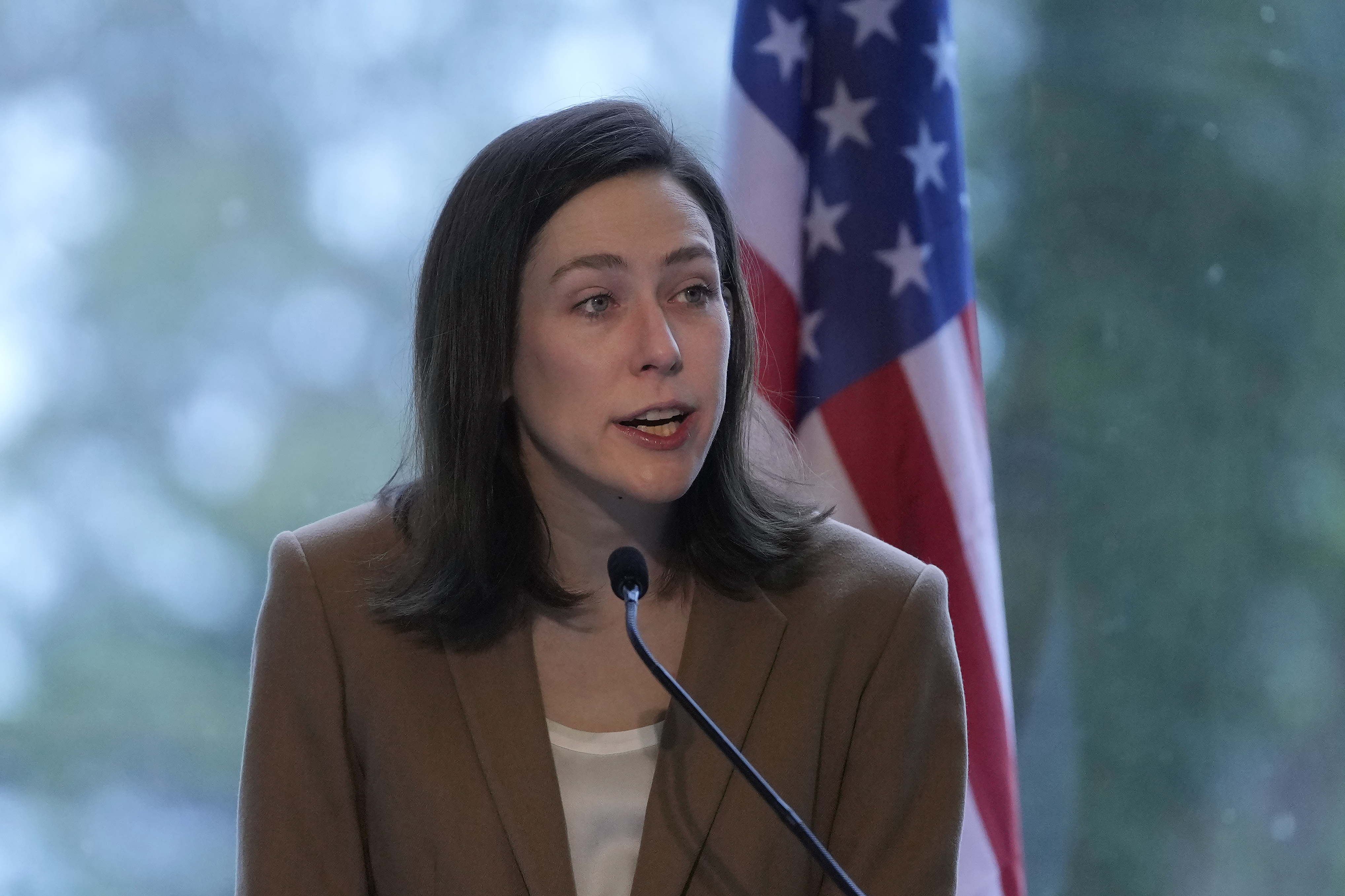 Elizabeth Kelly, Director of the U.S. AI Safety Institute, speaks at the convening of the International Network of AI Safety Institutes at the Golden Gate Club at the Presidio in San Francisco, Wednesday, Nov. 20, 2024. (AP Photo/Jeff Chiu)