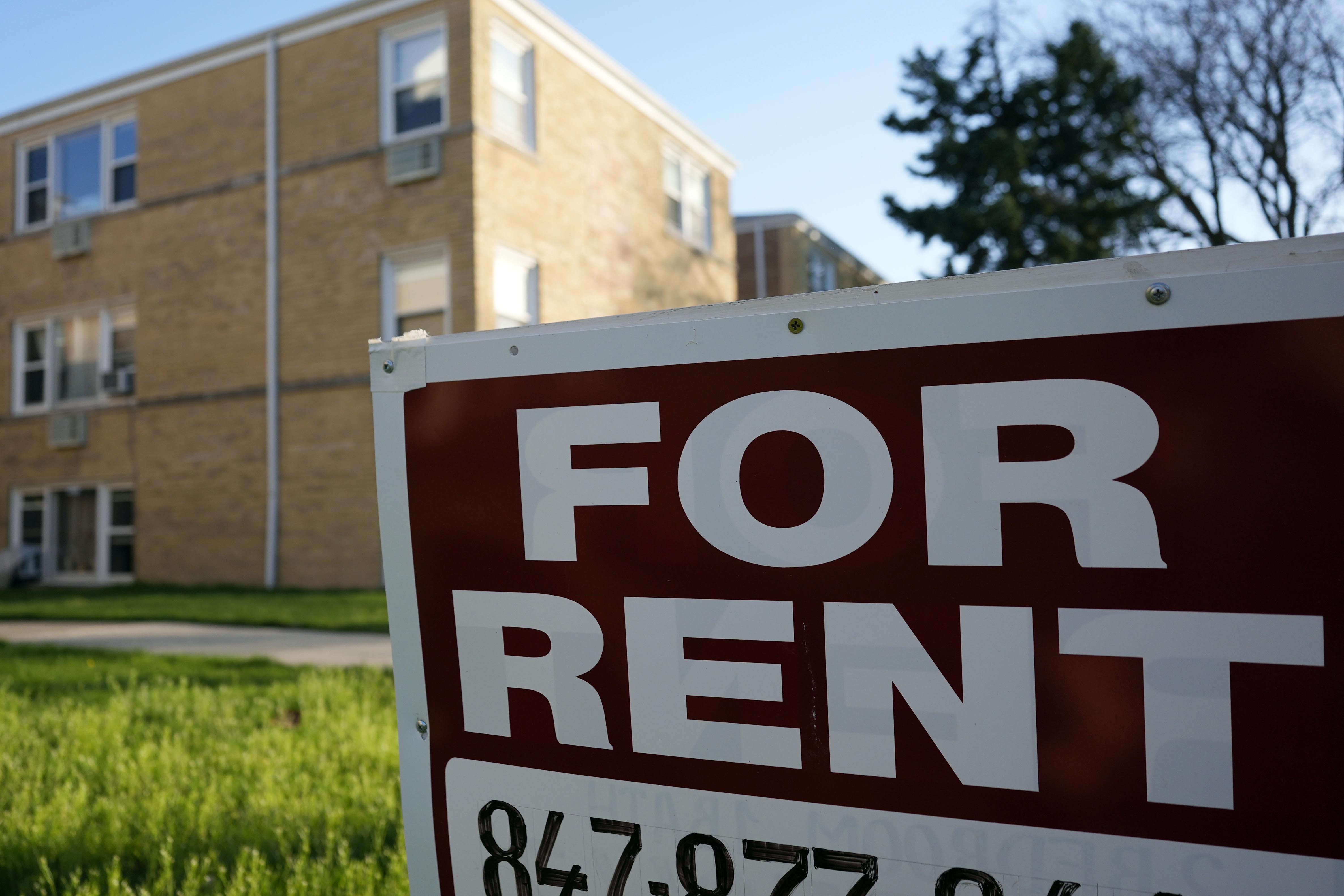 FILE - A sign is displayed outside an apartment building in Skokie, Ill., April 14, 2024. (AP Photo/Nam Y. Huh, File)