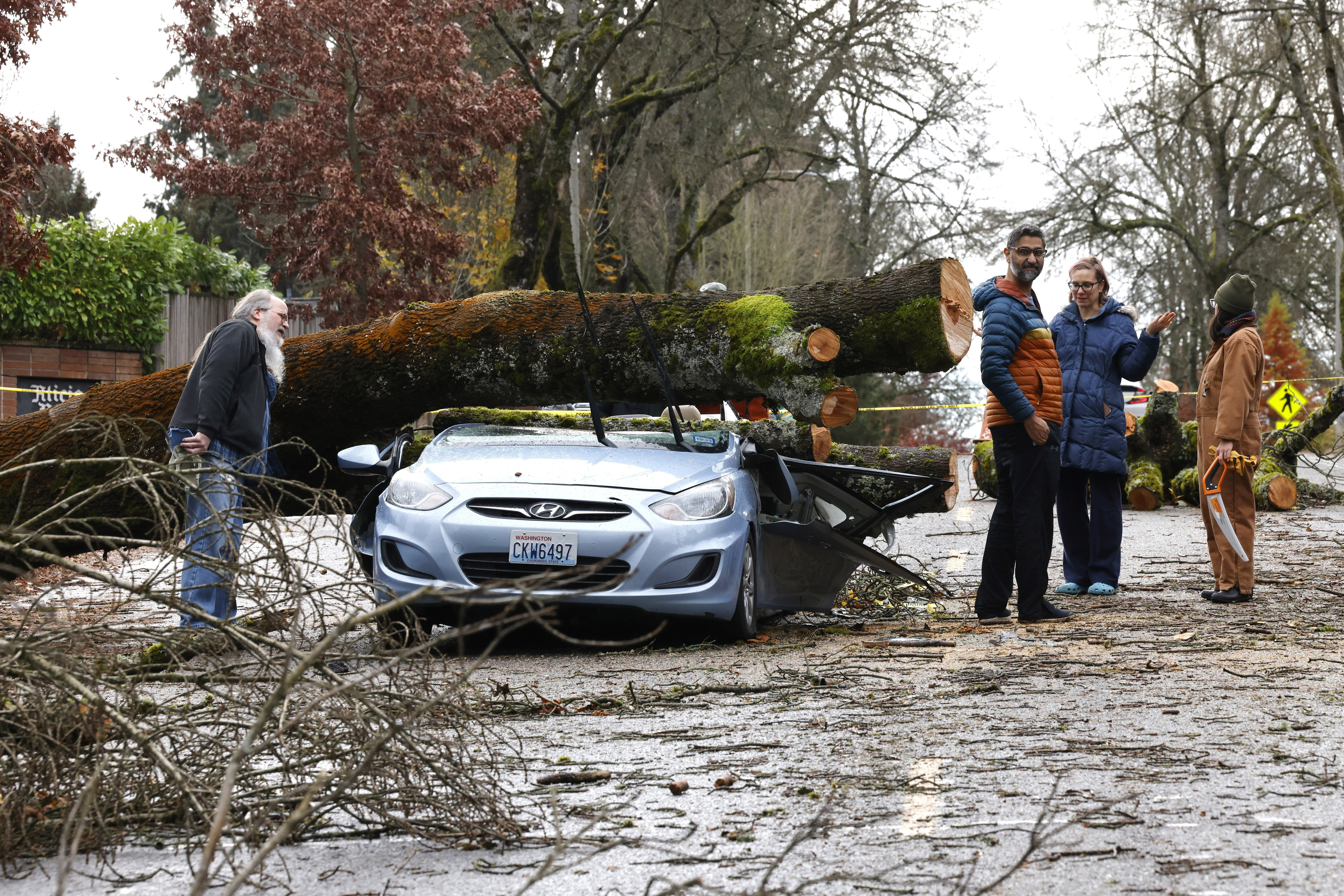 Neighbors look at the remains of small car that had a tree fall on it in the aftermath of a "bomb cyclone" on 35th Avenue Northeast after severe weather hit last night, in Seattle, Wednesday, Nov. 20, 2024. (Karen Ducey/The Seattle Times via AP)