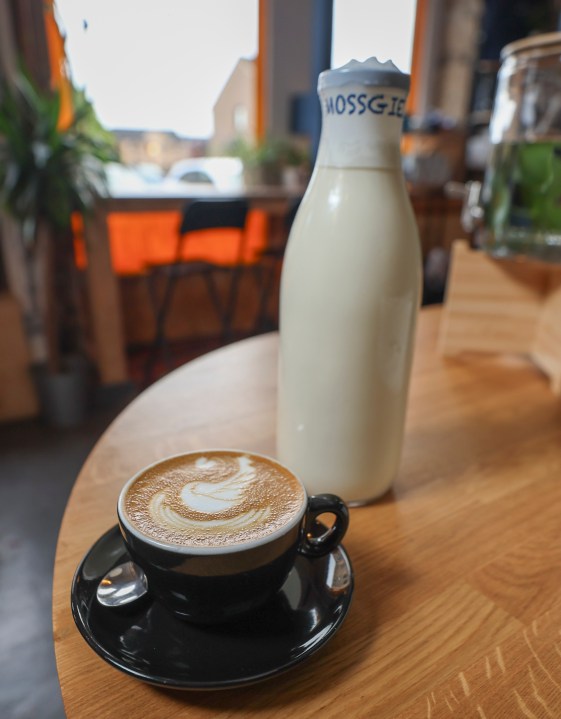 This undated handout photo shows a £272 flat white, made with espresso and steamed milk from Mossgiel Farm, at The Good Coffee Cartel in Glasgow, Scotland. (Mossgiel Organic Dairy via AP)