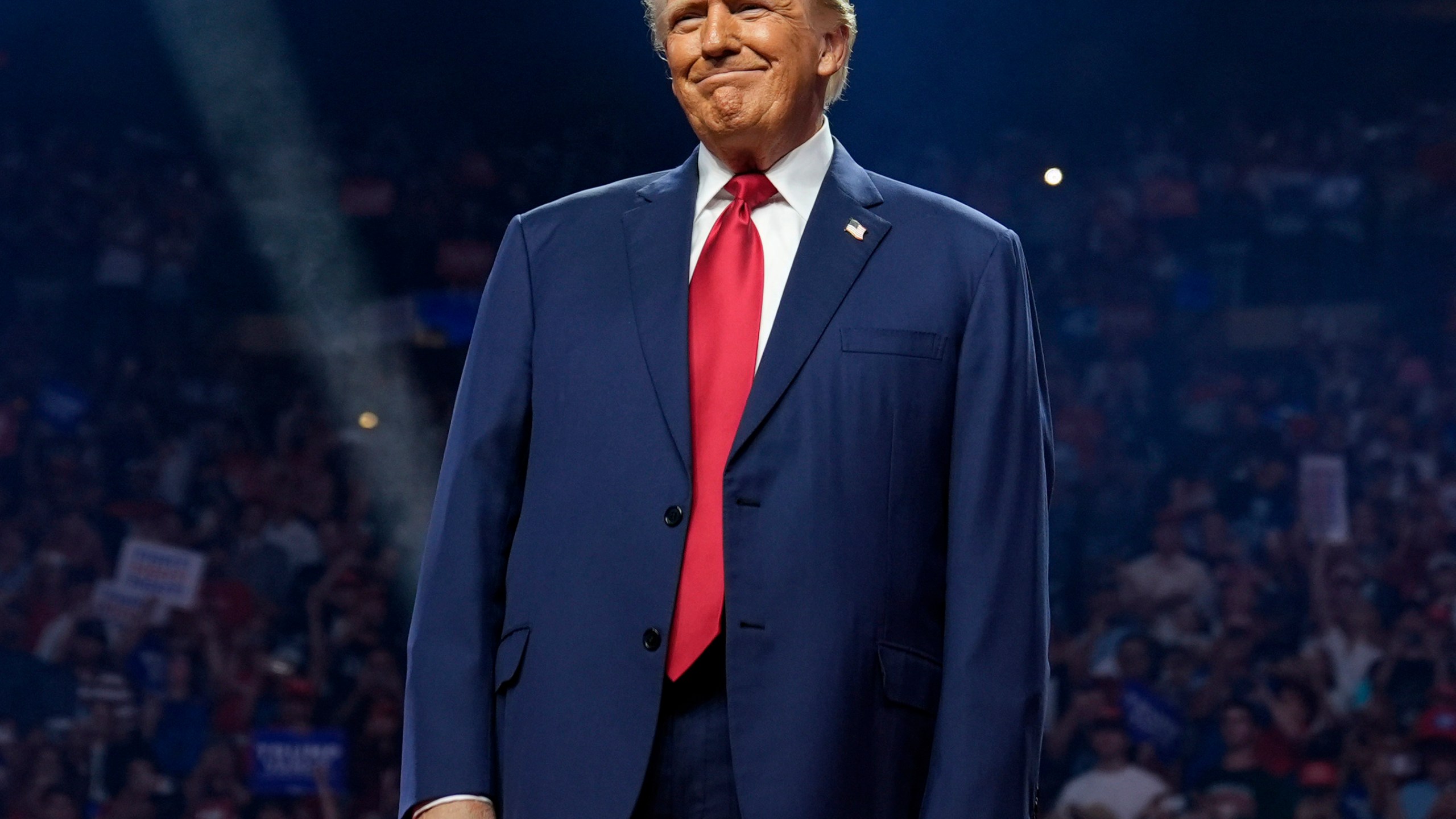 FILE - Republican presidential nominee former President Donald Trump arrives for a campaign rally in Glendale, Ariz., on Aug. 23, 2024. (AP Photo/Evan Vucci, File)