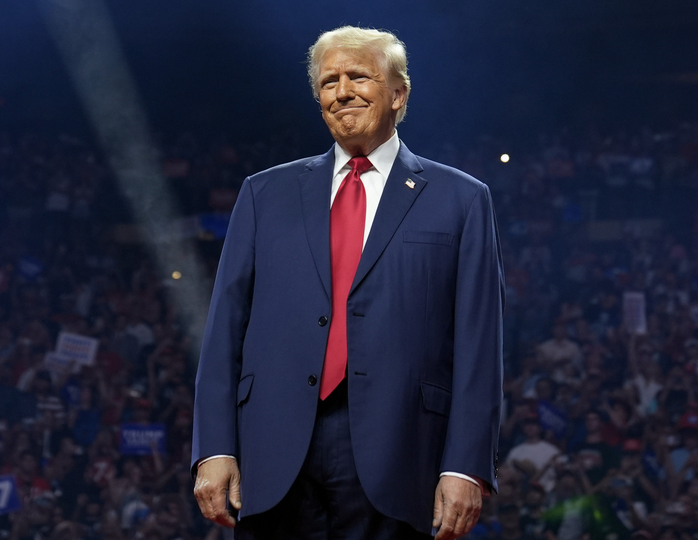 FILE - Republican presidential nominee former President Donald Trump arrives for a campaign rally in Glendale, Ariz., on Aug. 23, 2024. (AP Photo/Evan Vucci, File)