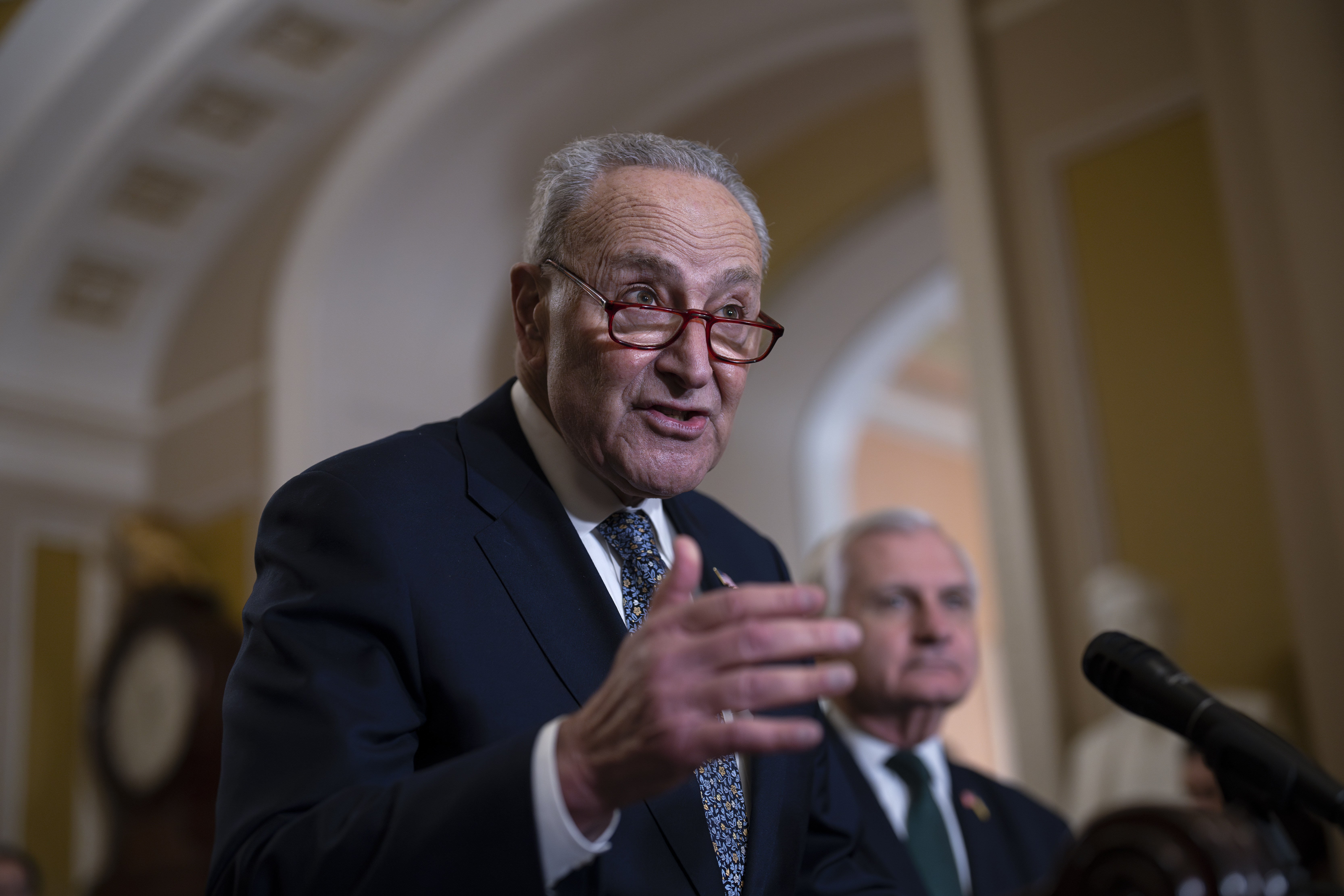 Senate Majority Leader Chuck Schumer, D-N.Y., speaks with reporters at the Capitol in Washington, Wednesday, Nov. 13, 2024. (AP Photo/J. Scott Applewhite)