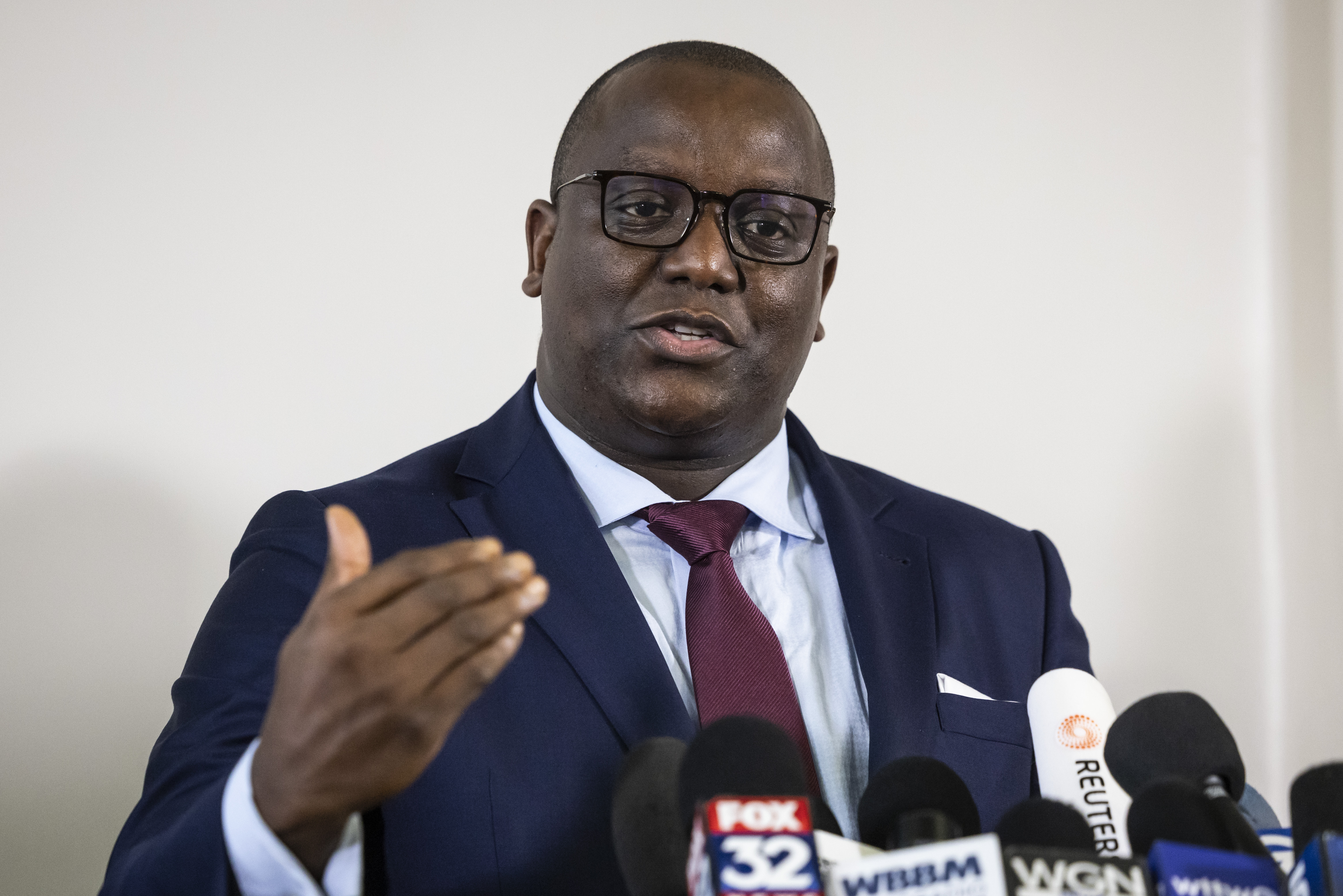 Jussie Smollett's lead defense attorney Nenye Uche speaks to reporters during a news conference Thursday, Nov. 21, 2024, In Chicago, after the Illinois Supreme Court overturned Smollett's conviction on charges of staging a racist and homophobic attack against himself in 2019 and lying to Chicago police. (Ashlee Rezin/Chicago Sun-Times via AP)