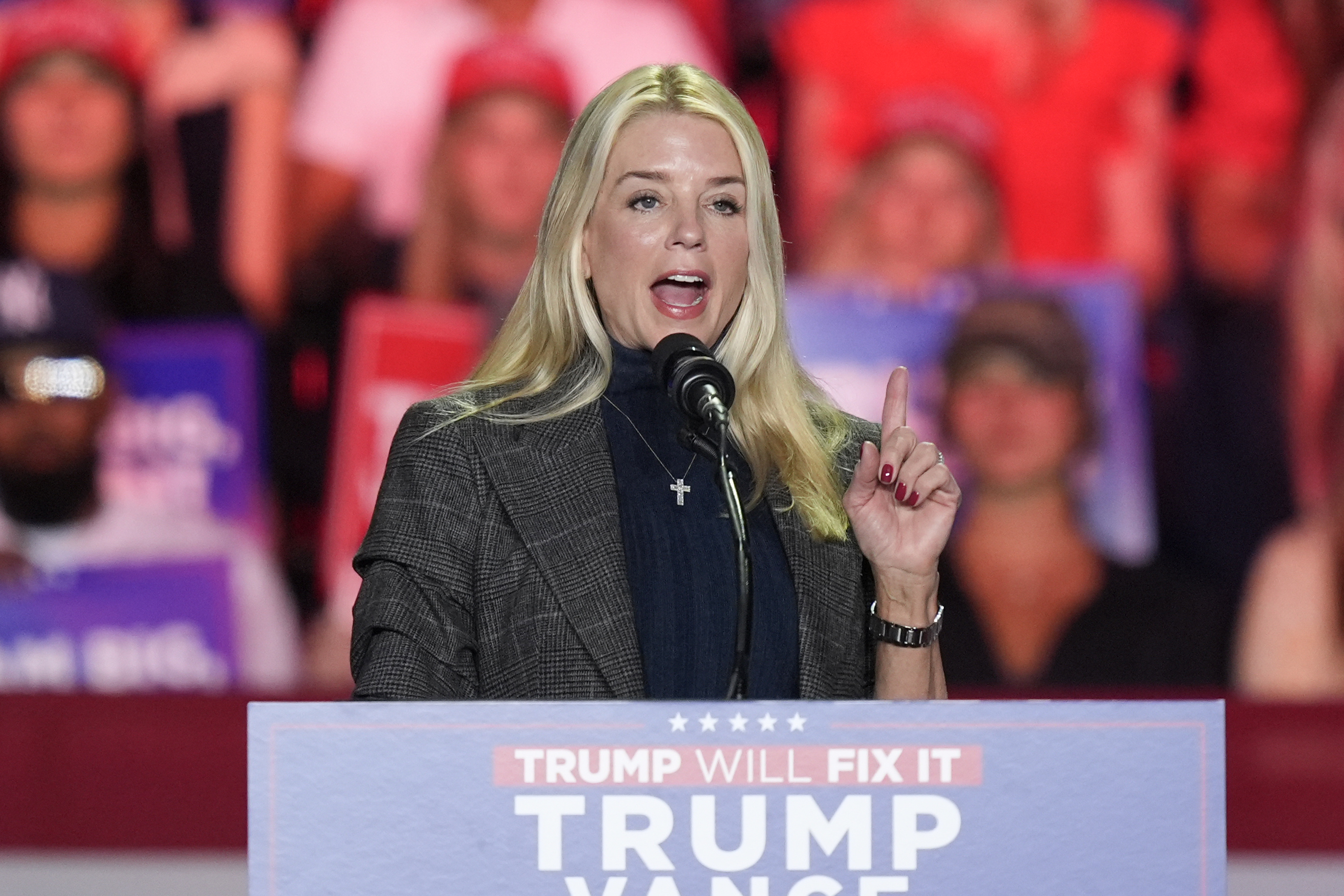 FILE - Former Florida Attorney General Pam Bondi, speaks before Republican presidential nominee former President Donald Trump at a campaign rally at First Horizon Coliseum, Nov. 2, 2024, in Greensboro, NC. (AP Photo/Alex Brandon, File)