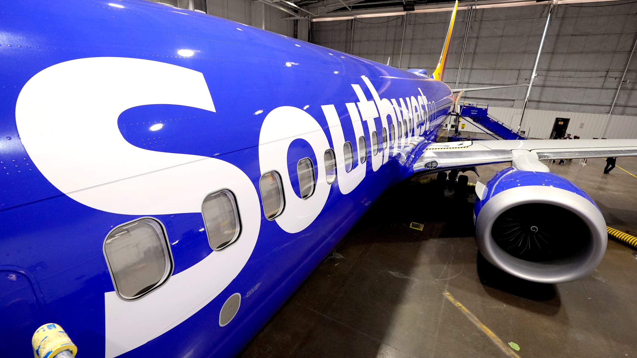 FILE - A retrofitted Southwest Airlines passenger jet is shown in a hangar at Love Field on Sept. 26, 2024, in Dallas. (AP Photo/Tony Gutierrez, File)