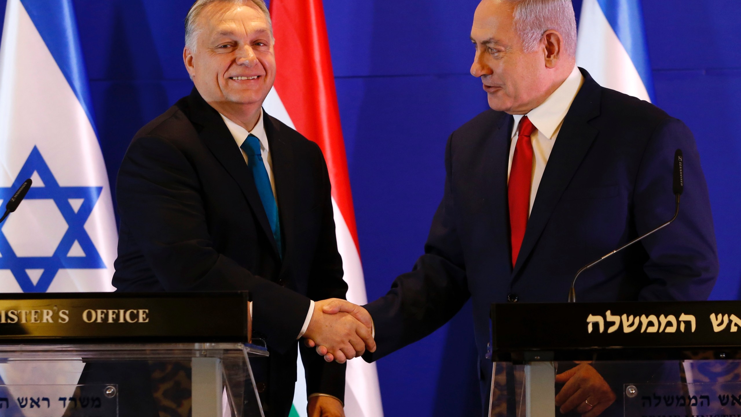 FILE - Hungarian Prime Minister Viktor Orban, left, and Israeli Prime Minister Benjamin Netanyahu attend a press conference after their meeting in Jerusalem, Tuesday, Feb. 19, 2019. (AP Photo/Ariel Schalit, Pool, File)