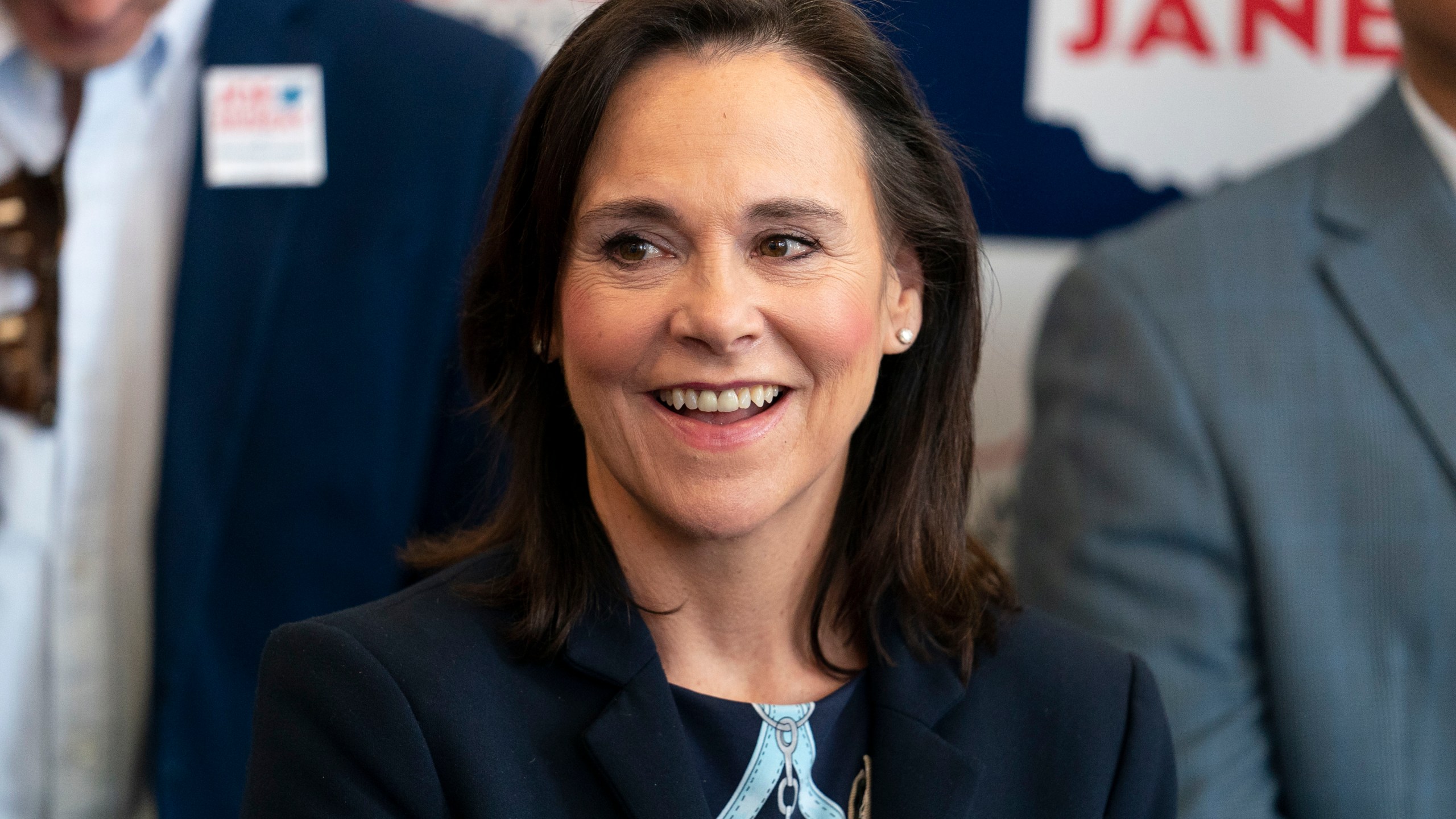 FILE — Ohio republican senatorial candidate Jane Timken listens at a rally in Cincinnati on this March 4, 2022. (AP Photo/Jeff Dean, File)