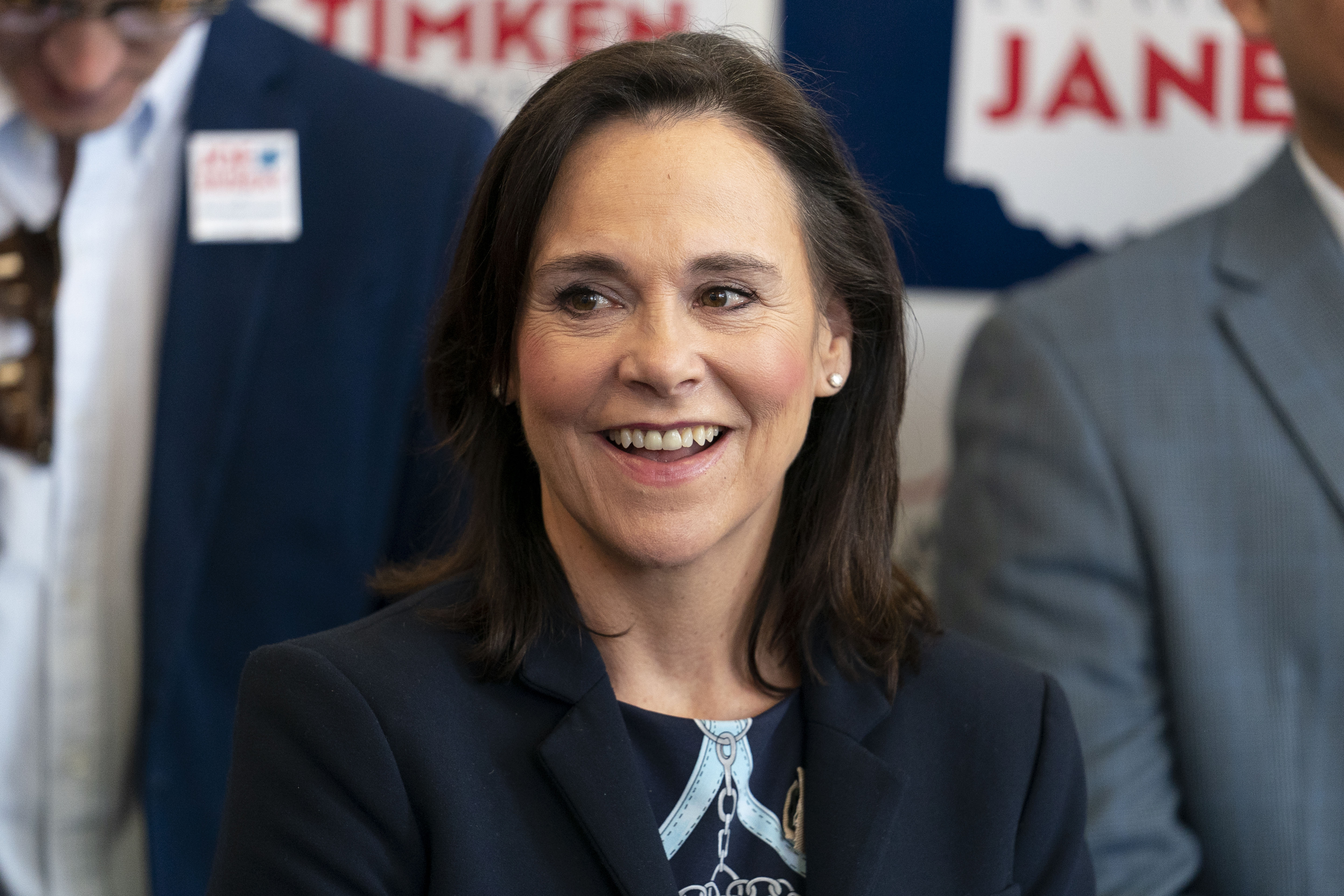 FILE — Ohio republican senatorial candidate Jane Timken listens at a rally in Cincinnati on this March 4, 2022. (AP Photo/Jeff Dean, File)