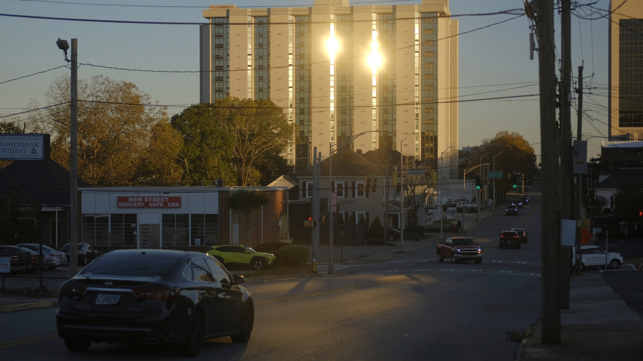 The former Ramada Plaza hotel, slated for implosion as part of New Year's Eve festivities on Dec. 31, 2024, stands on Wednesday, Nov. 20, 2024, in Macon, Ga. (Grant Blankenship/Georgia Public Broadcasting via AP)