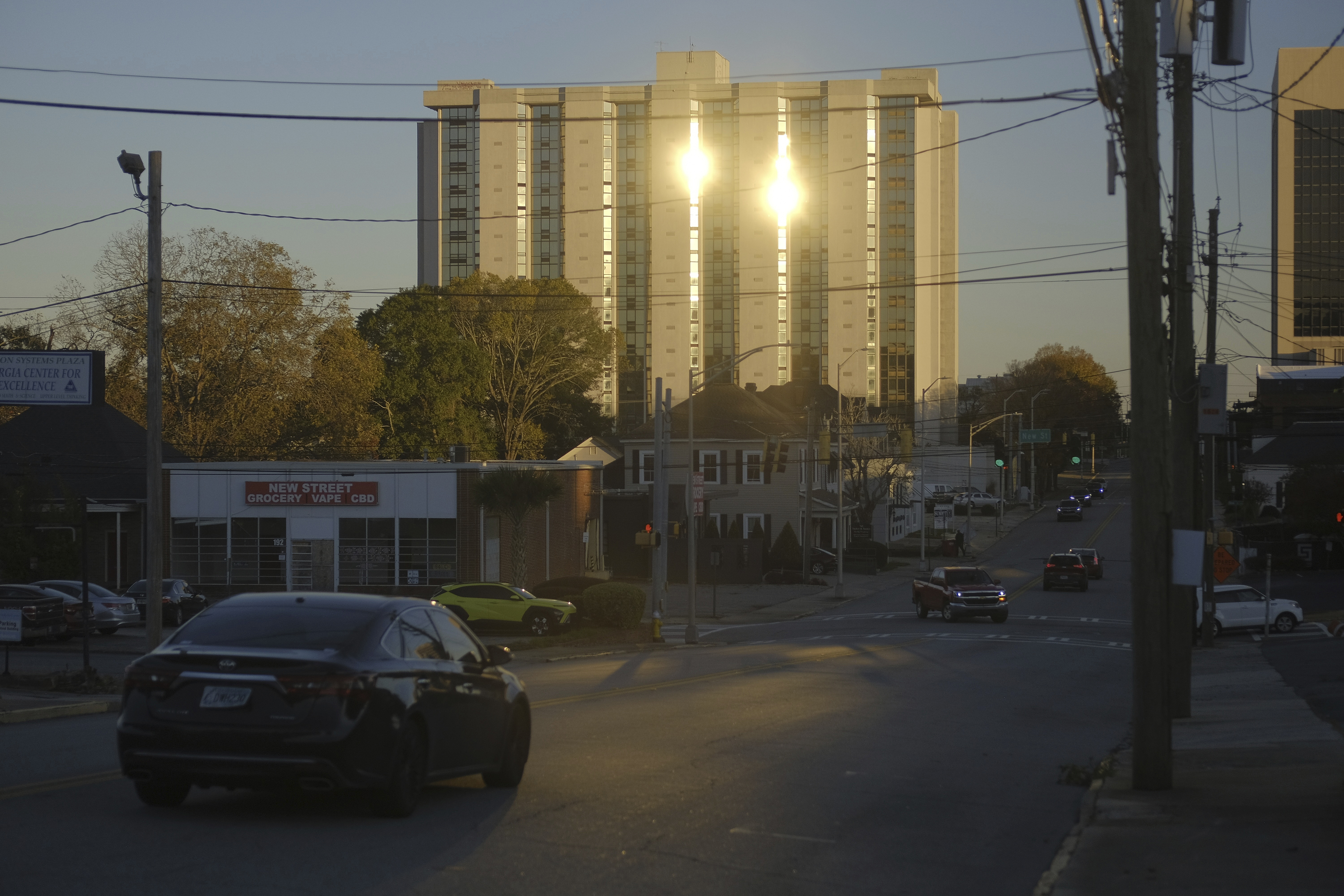 The former Ramada Plaza hotel, slated for implosion as part of New Year's Eve festivities on Dec. 31, 2024, stands on Wednesday, Nov. 20, 2024, in Macon, Ga. (Grant Blankenship/Georgia Public Broadcasting via AP)