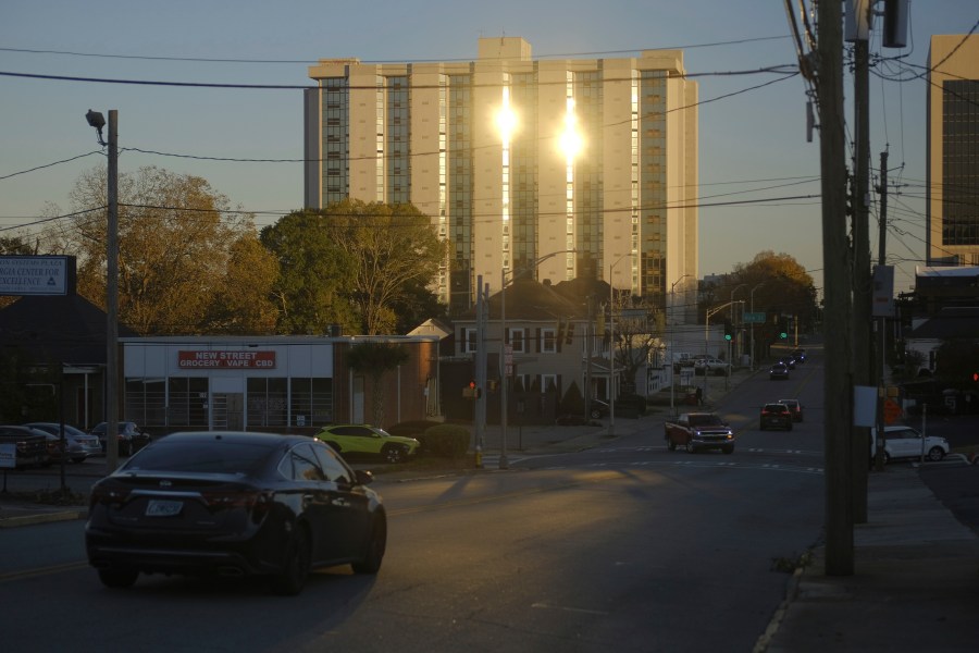 The former Ramada Plaza hotel, slated for implosion as part of New Year's Eve festivities on Dec. 31, 2024, stands on Wednesday, Nov. 20, 2024, in Macon, Ga. (Grant Blankenship/Georgia Public Broadcasting via AP)