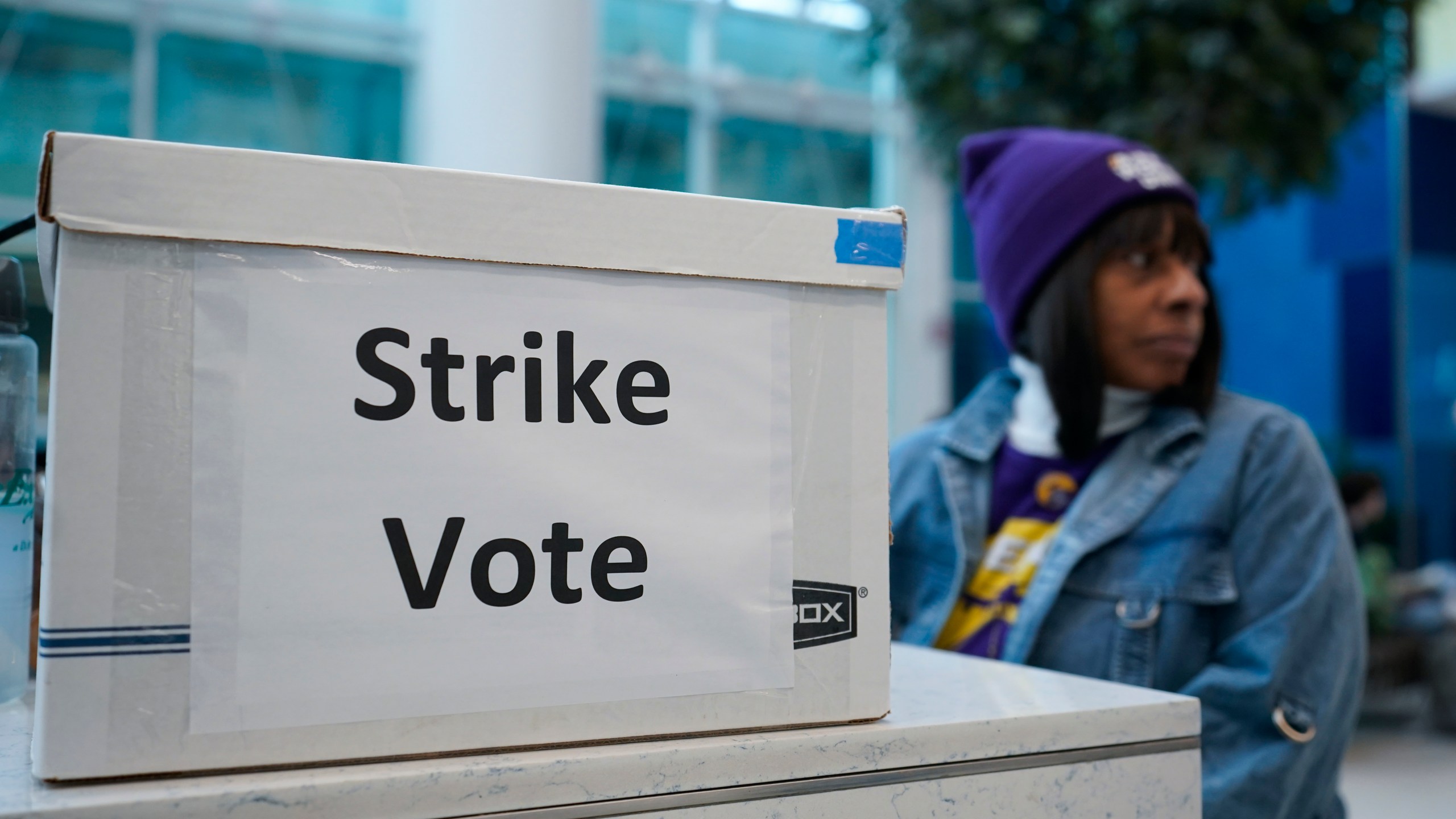 An union ballot drop box is seen at Charlotte Douglas International Airport, Friday, Nov. 22, 2024, in Charlotte, N.C. (AP Photo/Erik Verduzco)