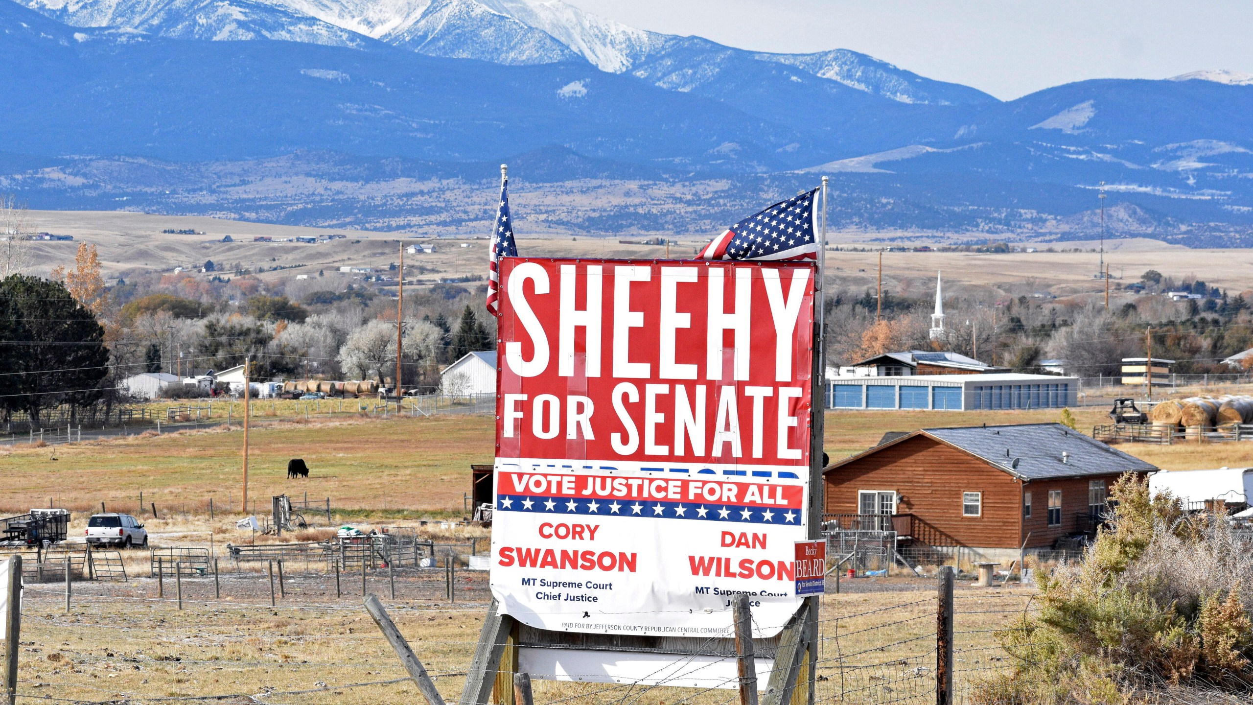 A sign for Republican Tim Sheehy's U.S. Senate campaign is seen along U.S. Interstate 90 on Nov. 1, 2024, near Whitehall, Mont. (AP Photo/Matthew Brown)