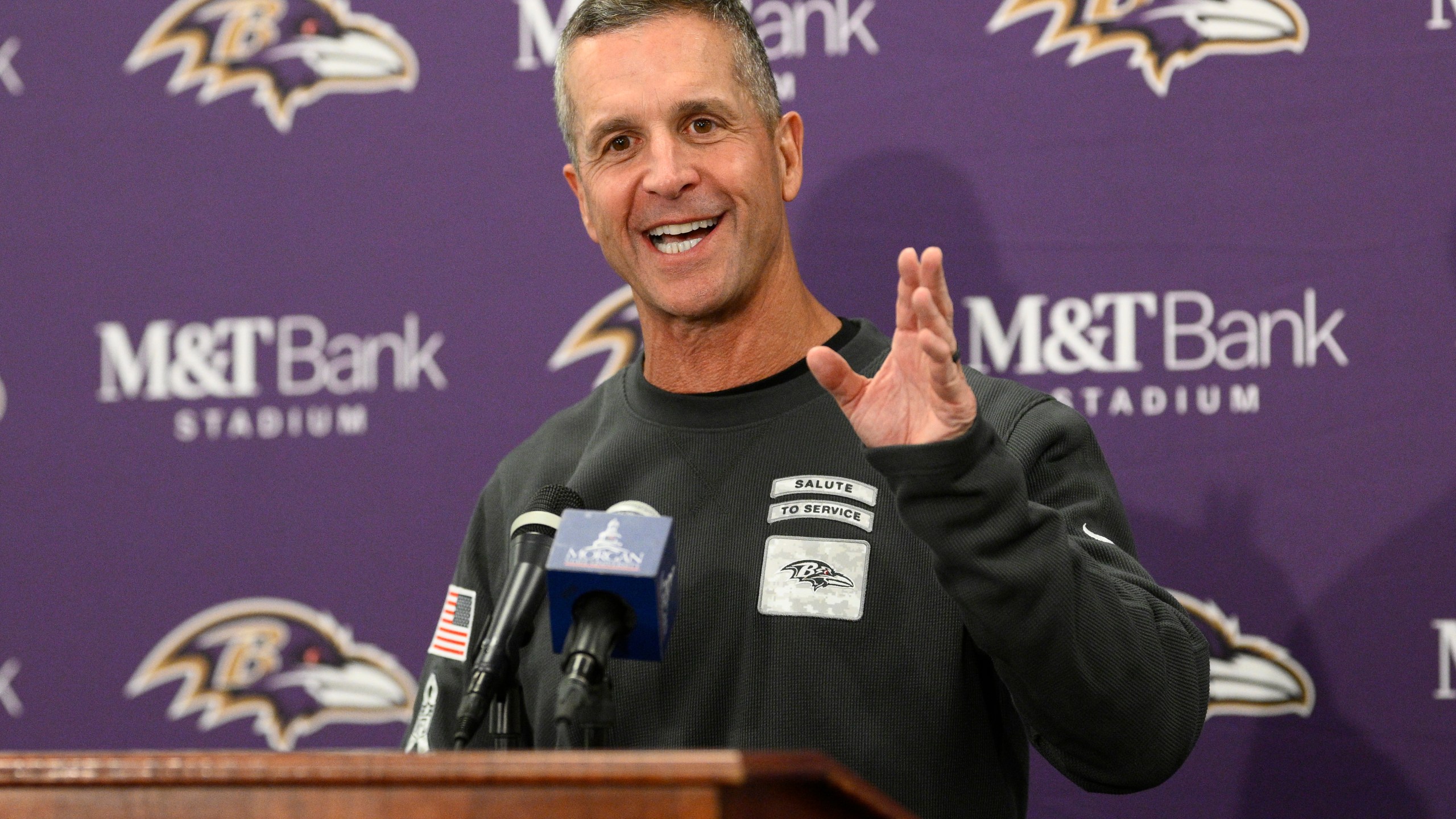 Baltimore Ravens head coach John Harbaugh speaks during a news conference after an NFL football game against the Cincinnati Bengals, Friday, Nov. 8, 2024, in Baltimore. (AP Photo/Nick Wass)