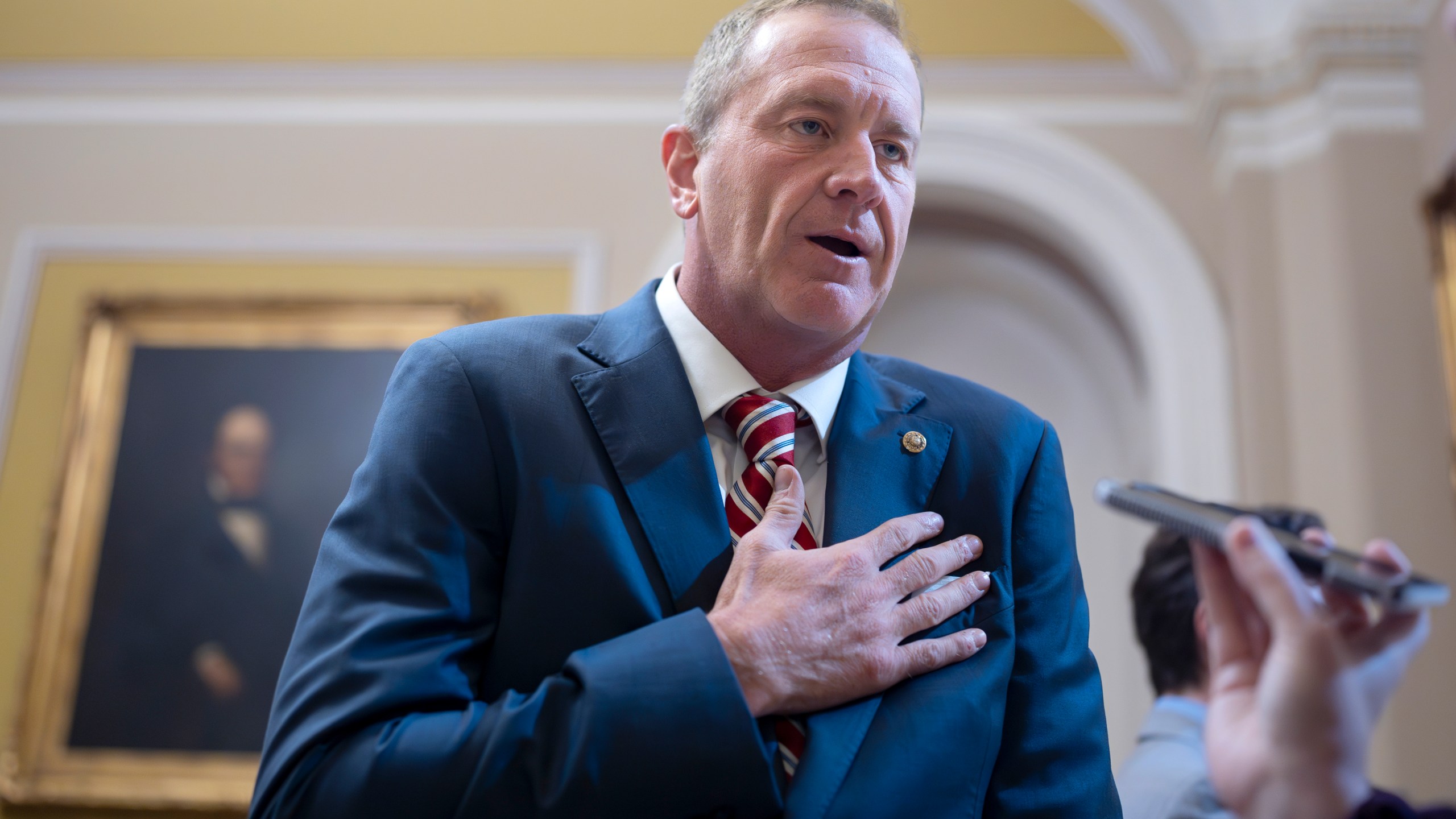 FILE - Sen. Eric Schmitt, R-Mo., speaks with reporters at the Capitol in Washington, Sept. 25, 2024. (AP Photo/J. Scott Applewhite, File)