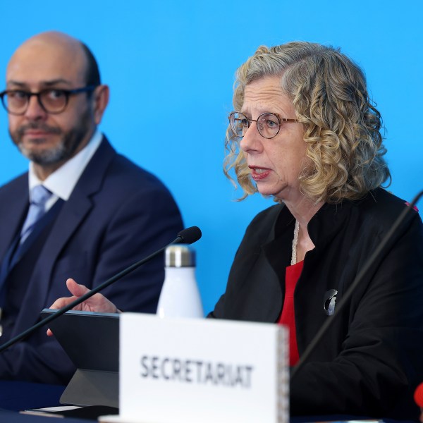 Inger Andersen, Executive Director of UNEP, right, speaks next to chair of the International Negotiating Committee, Luis Vayas Valdivieso, left, during the press conference for the fifth session of the Intergovernmental Negotiating Committee on Plastic Pollution in Busan, South Korea, Monday, Nov. 25, 2024. (Son Hyung-joo/Yonhap via AP)