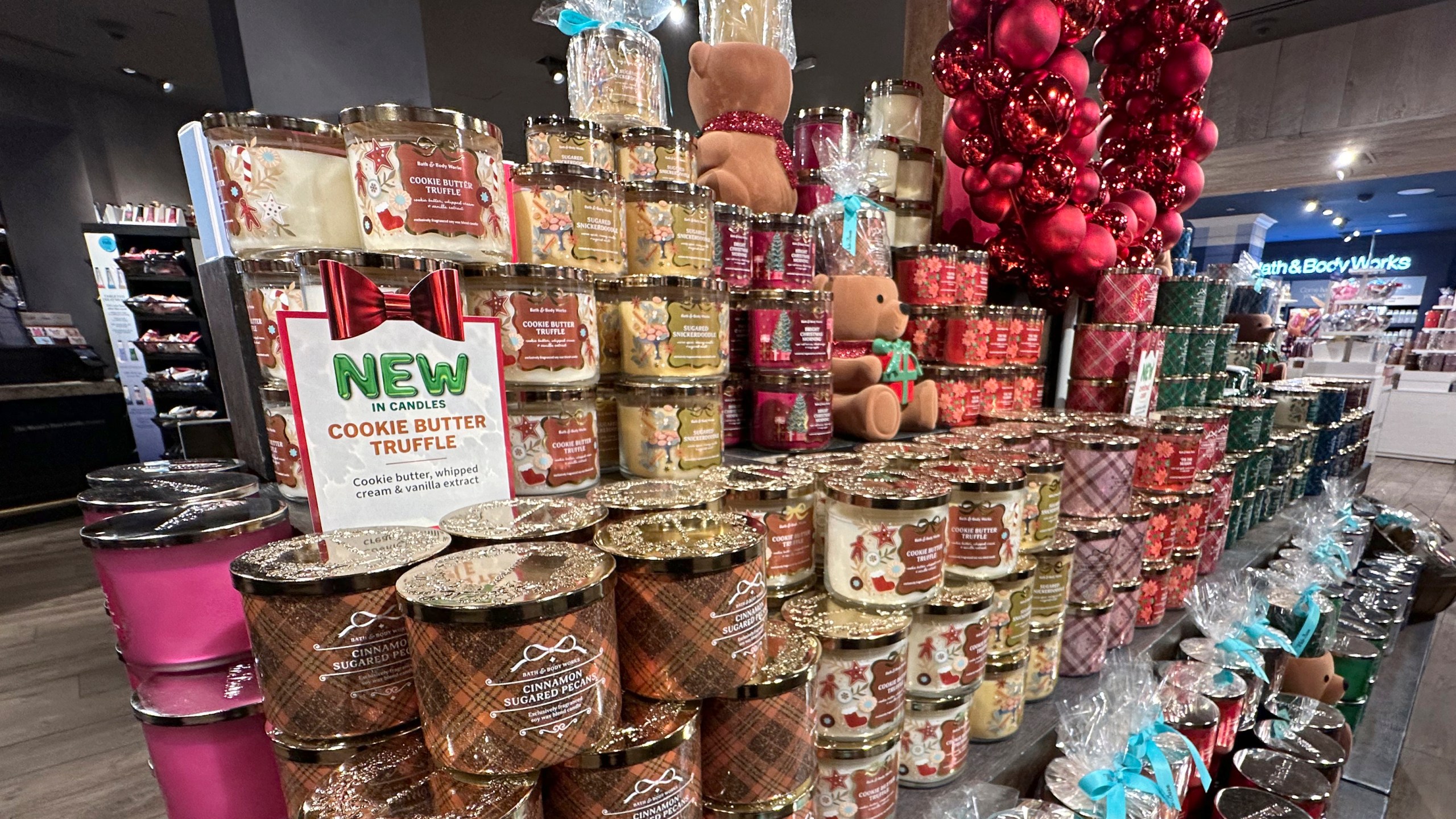 FILE - An arrangement of holiday themed scented candles is shown at a Bath & Body Works store on Oct. 9, 2024, in New York. (AP Photo/Peter Morgan)