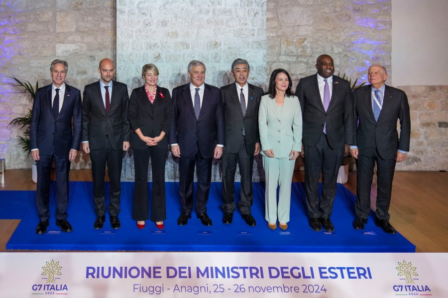 From left, U.S. Secretary of State Antony Blinken , French Foreign Minister Jean-Noël Barrot, Canada's Foreign Minister Melanie Joly, Italian Foreign Minister Antonio Tajani, Japanese Foreign Minister Takeshi Iwaya, German Foreign Minister Annalena Baerbock, Britain's Foreign Secretary David Lammy, and European Union foreign policy chief Josep Borrell pose for a family photo at the G7 of foreign Ministers in Anagni, some 70 kilometers south-east of Rome, Monday, Nov. 25, 2024. (AP Photo/Alessandra Tarantino)