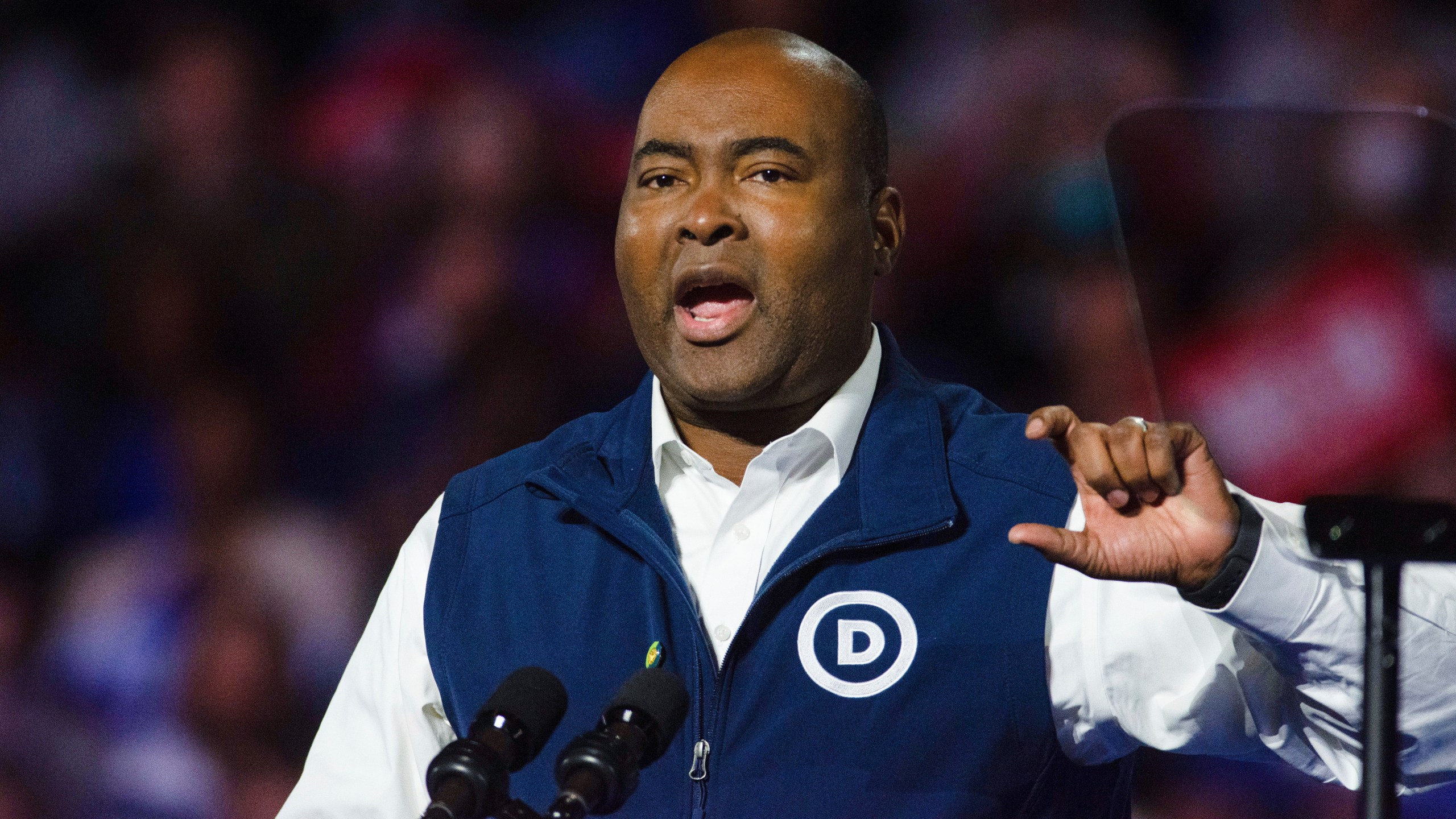 FILE - Democratic Party chair Jaime Harrison speaks during a rally for Democratic presidential nominee Vice President Kamala Harris at the Reno Events Center, Oct. 31, 2024, in Reno, Nev. (AP Photo/David Calvert, File)