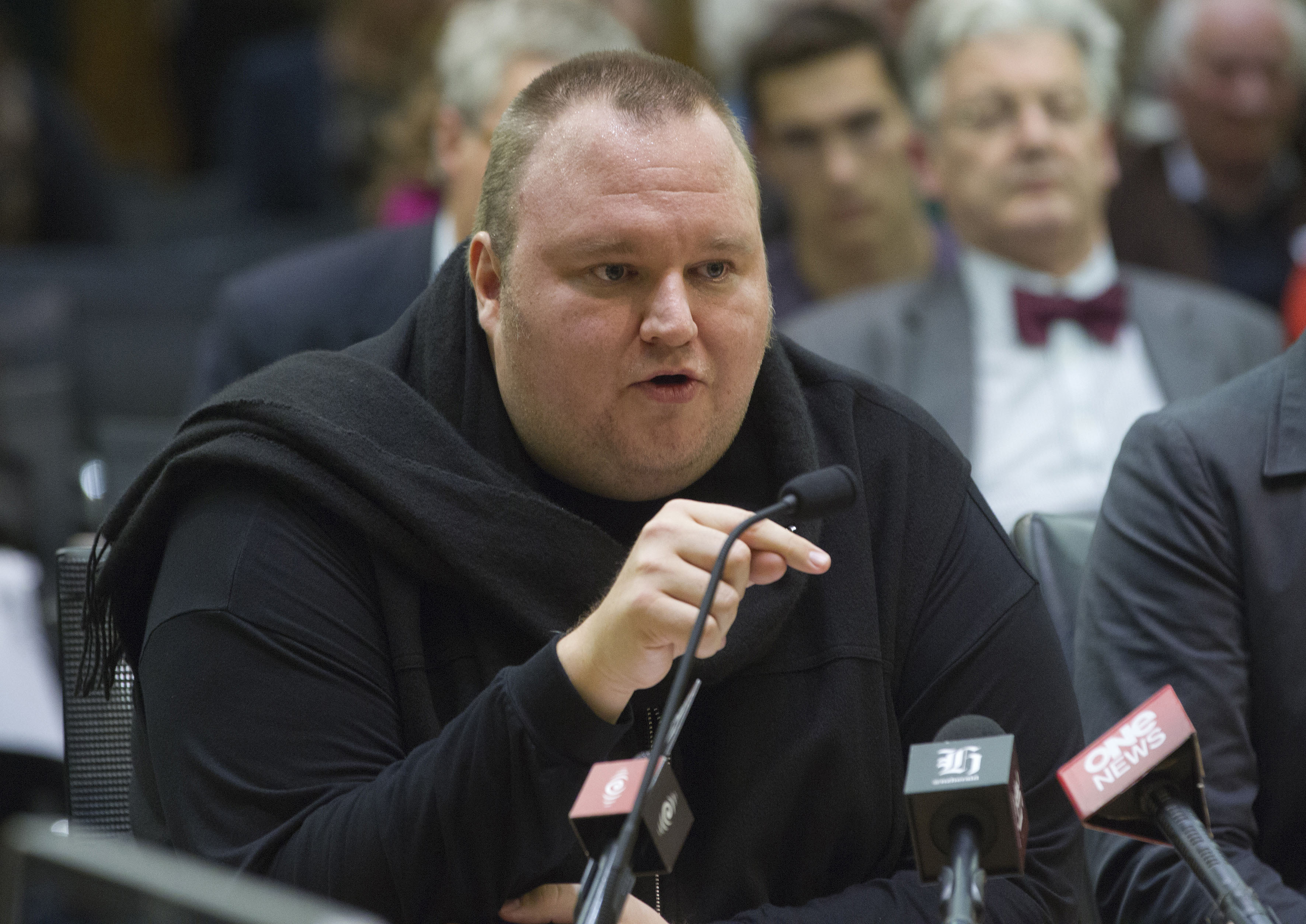 FILE - Internet entrepreneur Kim Dotcom speaks during the Intelligence and Security select committee hearing at Parliament in Wellington, New Zealand, on July 3, 2013. (Mark Mitchell/New Zealand Herald via AP, File)