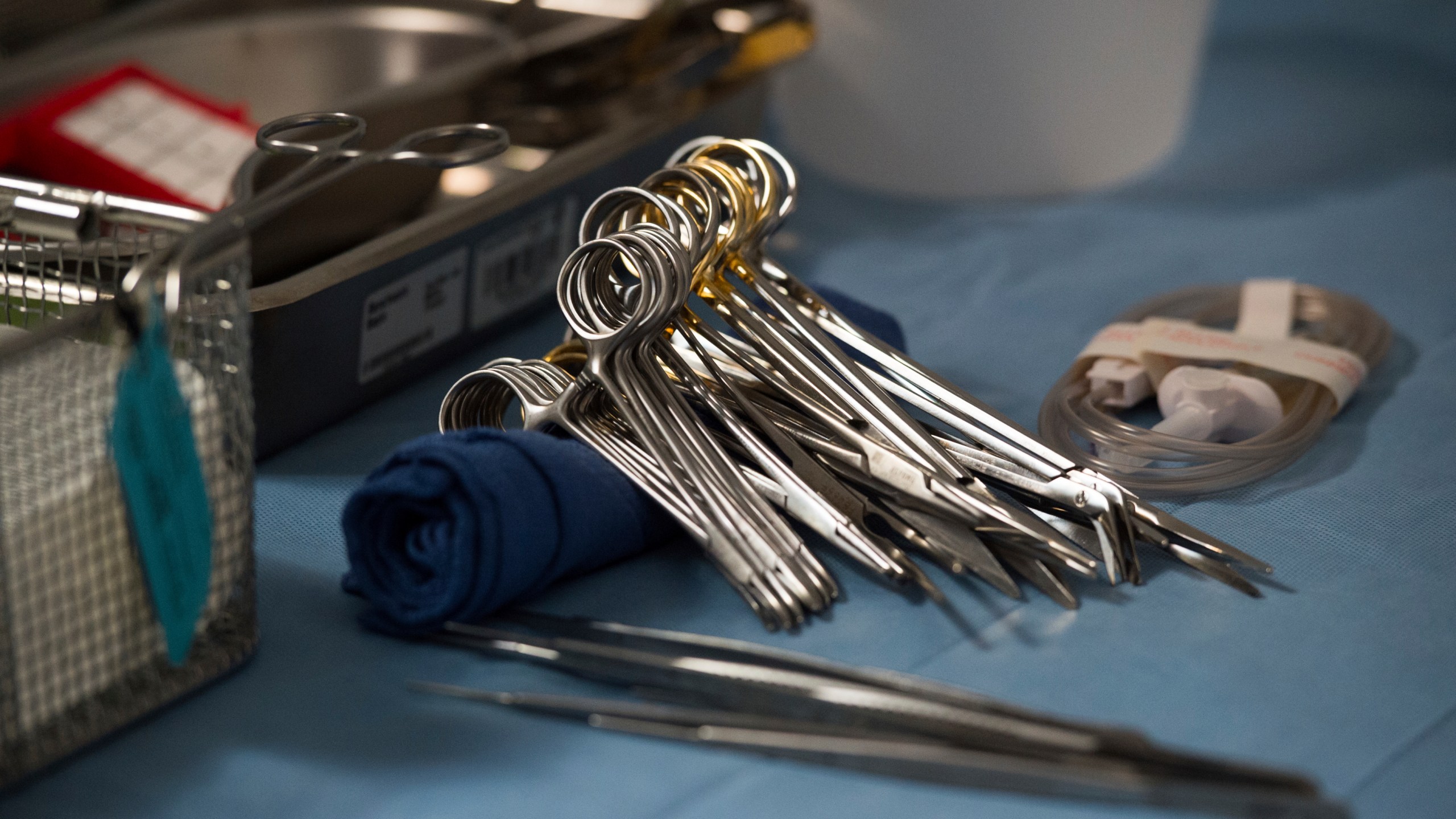 FILE - Surgical instruments and supplies lay on a table during a kidney transplant surgery at MedStar Georgetown University Hospital in Washington D.C., Tuesday, June 28, 2016. (AP Photo/Molly Riley, File)