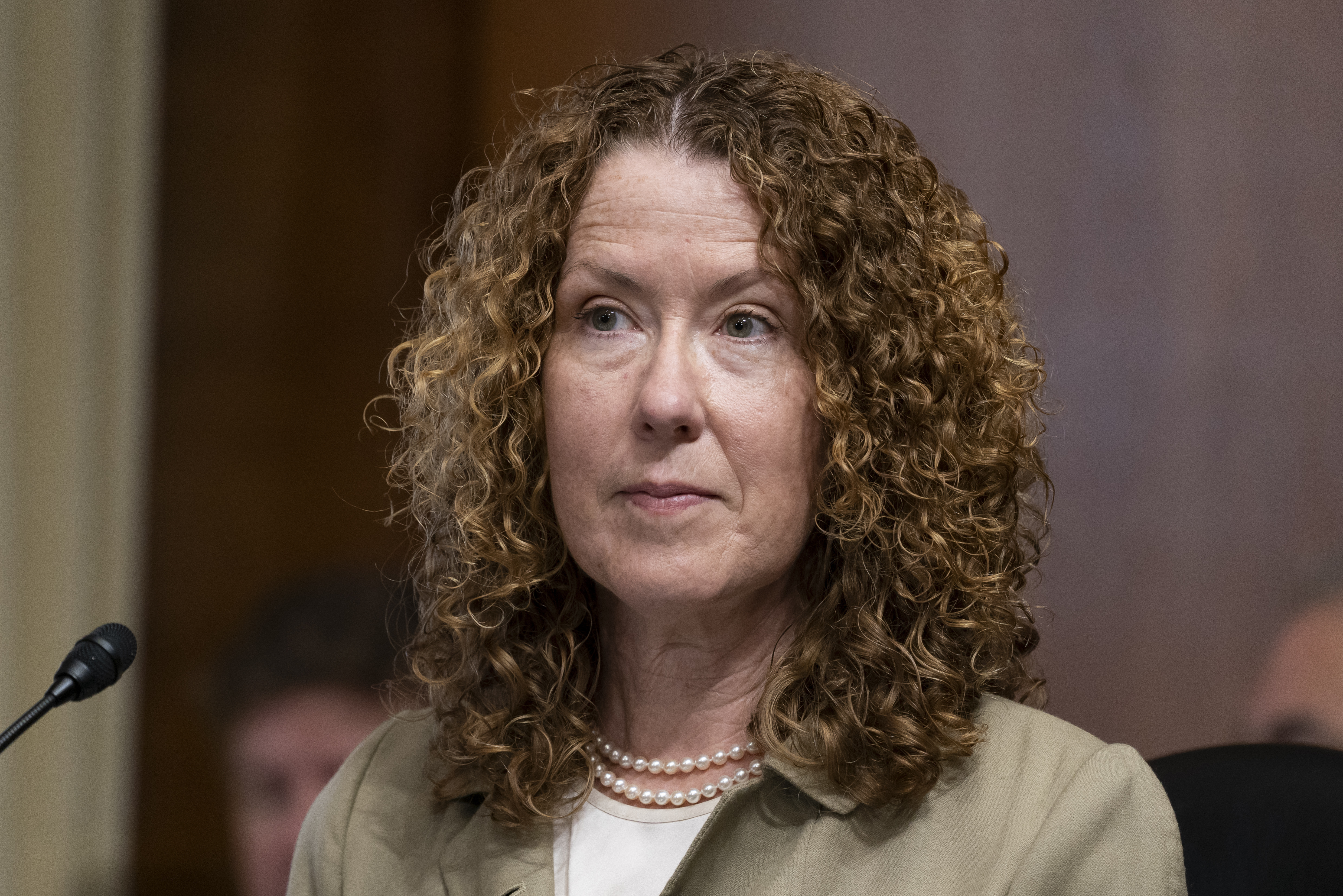 FILE - Tracy Stone-Manning listens during a confirmation hearing for her to be the director of the Bureau of Land Management, during a hearing of the Senate Energy and National Resources Committee on Capitol Hill in Washington, June 8, 2021. (AP Photo/Alex Brandon, File)