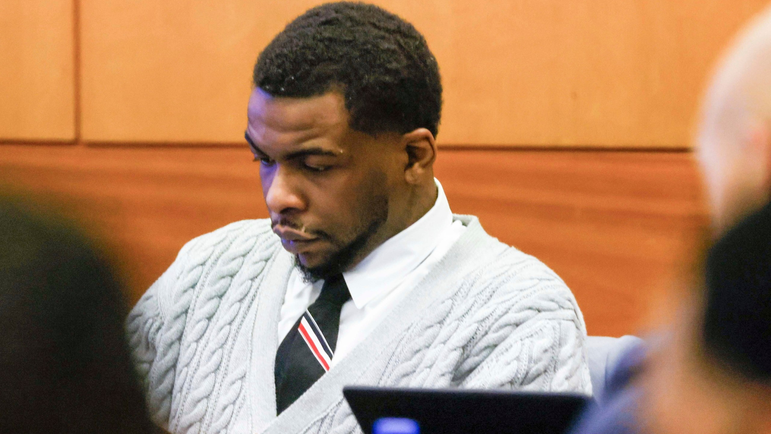 Defendant Deamonte Kendrick appears for the Young Thug trial at Fulton County Courthouse in Atlanta on Tuesday, Nov. 26, 2024. (Miguel Martinez/Atlanta Journal-Constitution via AP)